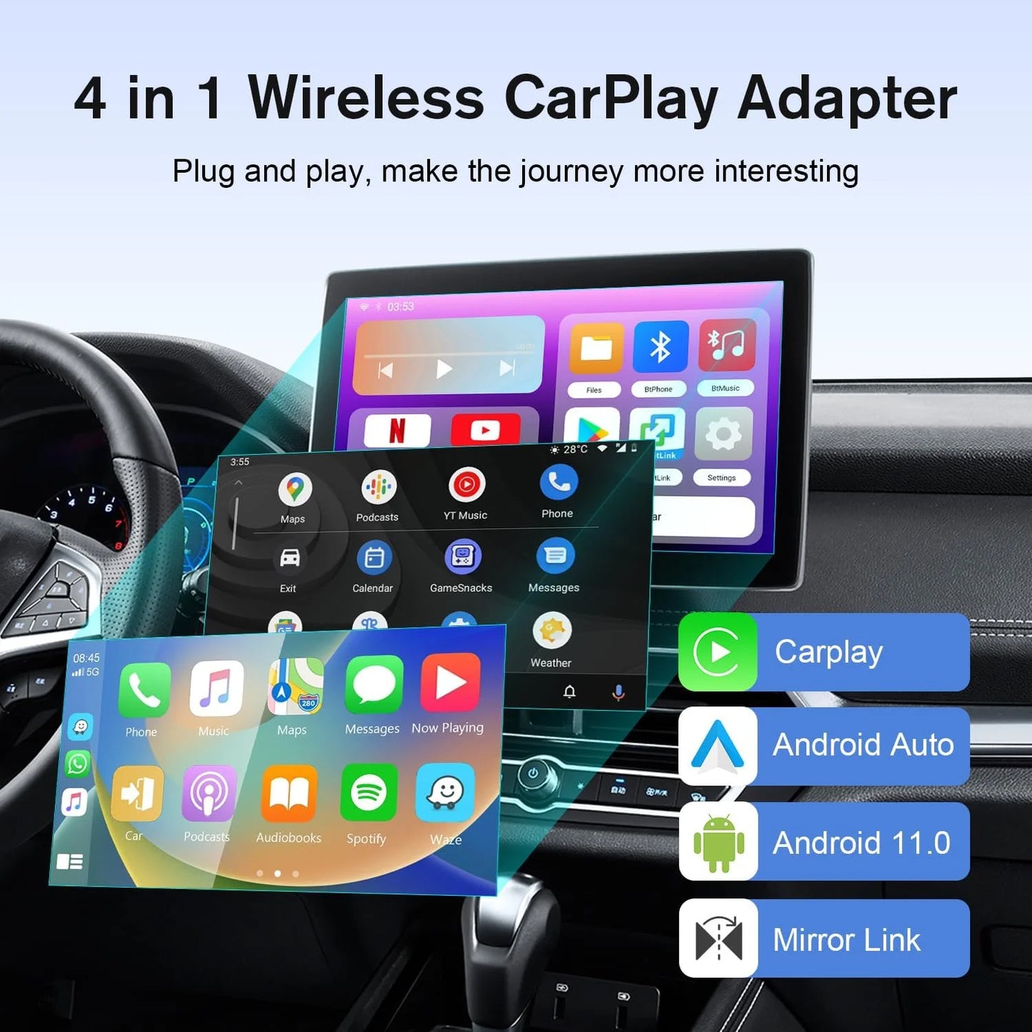 [2024 Newest] The Drivebox Pro for Car Autoflix,4 in 1 Android Auto Wireless Adapter & CarPlay Wireless Adapter with Netflix/Youtube/Sizecreen Mirroring, Magic Link CarPlay Box Sizetream to Your Car