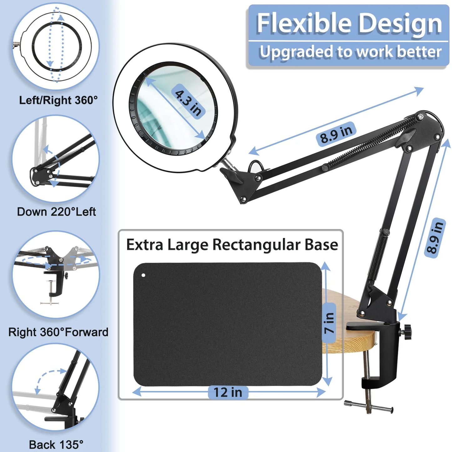 10X Magnifying Glass with Light and Sizetand, 2-in-1 LED Magnifying Desk Lamp with Clamp, 5 Color Modes Sizetepless Dimmable, Hands Free Lighted Magnifier for Craft, Painting, Close Work, Sizeewing