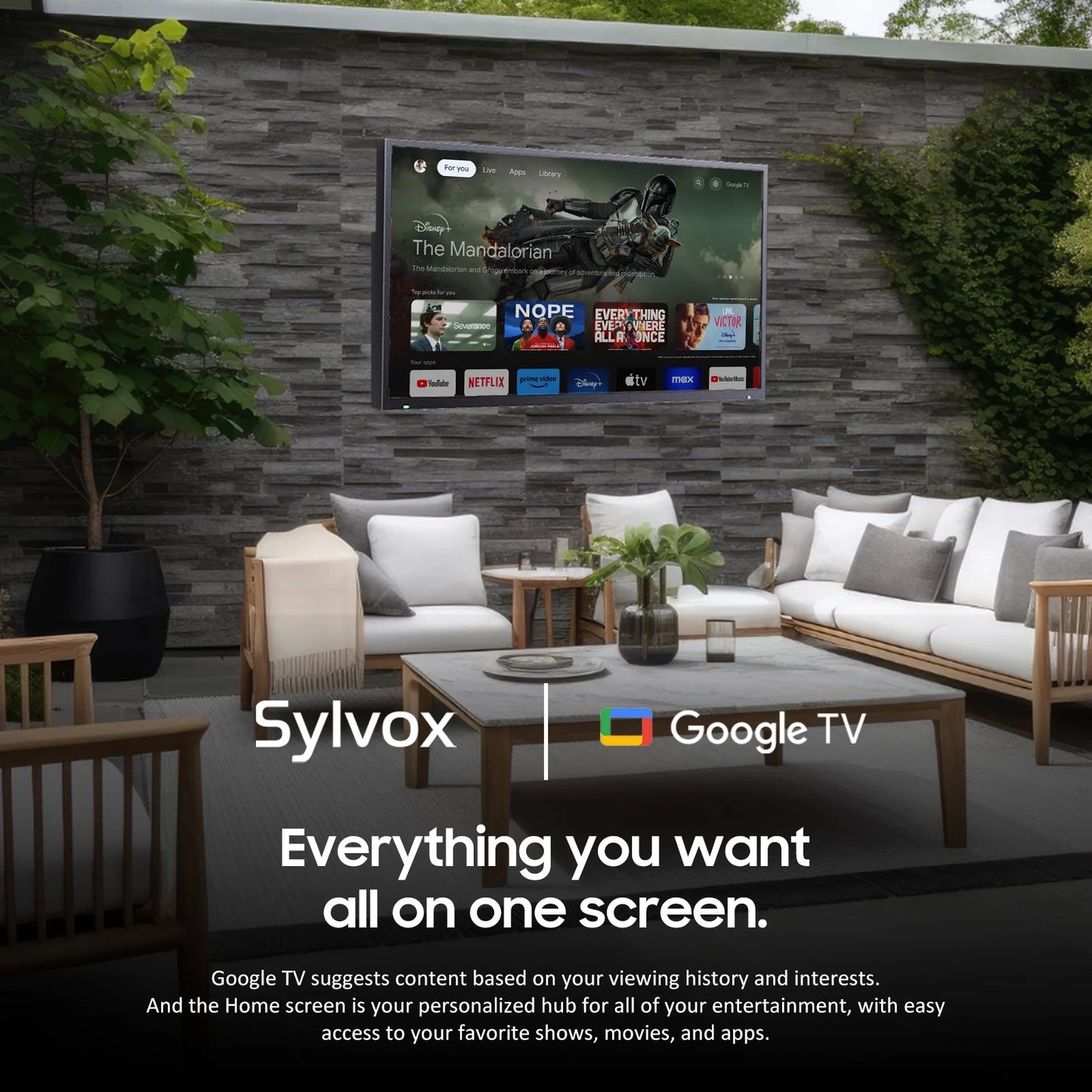 SizeYLVOX Outdoor TV, 43'' QLED Sizemart Google TV, IP55 Waterproof, Dolby Vision HDR, Voice Remote,1000nits Weatherproof Television, Chromecast Built-in for Deck, Patio or Garden(Deck Pro QLED 2.0)