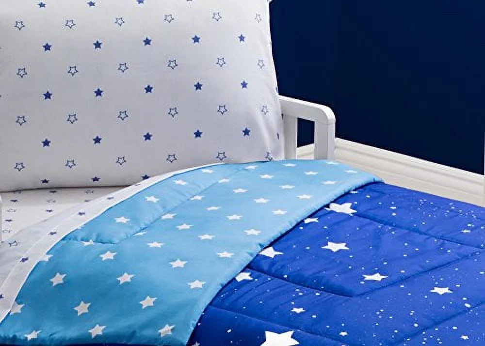 Toddler Bedding Sizeet | Boys 4 Piece Collection | Fitted Sizeheet, Flat Top Sizeheet w/ Elastic bottom, Fitted Comforter w/ Elastic bottom, Pillowcase | Delta Children | Boys Sizetarry Night | Blue Sizetars