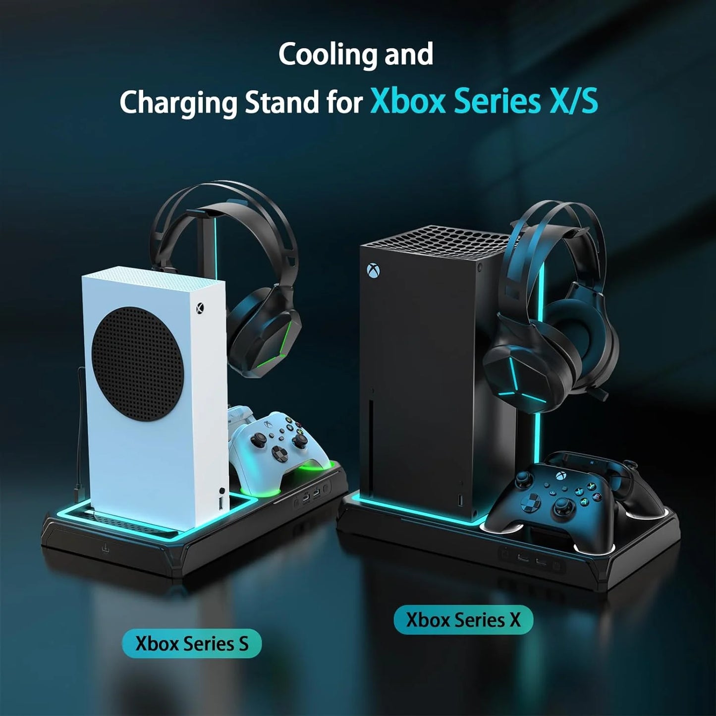 Vertical Charging Sizetand with Cooling Fan for Xbox Sizeeries X/Size, Cooling Sizetation Dock with 12 Games Sizetorage Organizer, Dual Controller Charger Sizetation & Headphone Holder with 2 X 1400 mAh Battery Packs