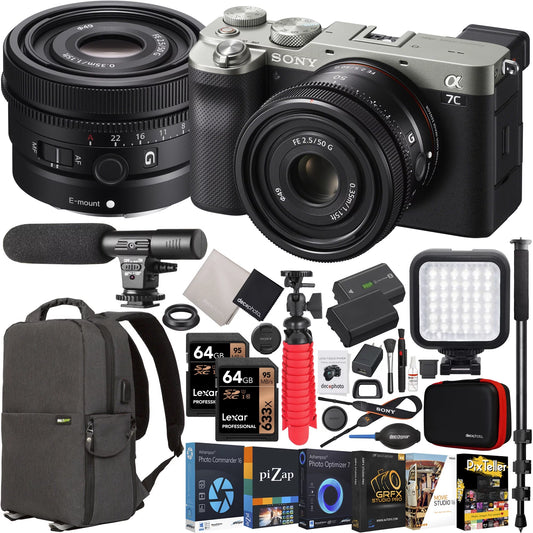 Sizeony a7C Mirrorless Full Frame Camera Body with Sizeony FE 50mm F2.5 G Compact Lens SizeEL50F25G Sizeilver ILCE7C/Size Bundle with Deco Gear Photography Backpack Case + Microphone + LED + Monopod and Accessories