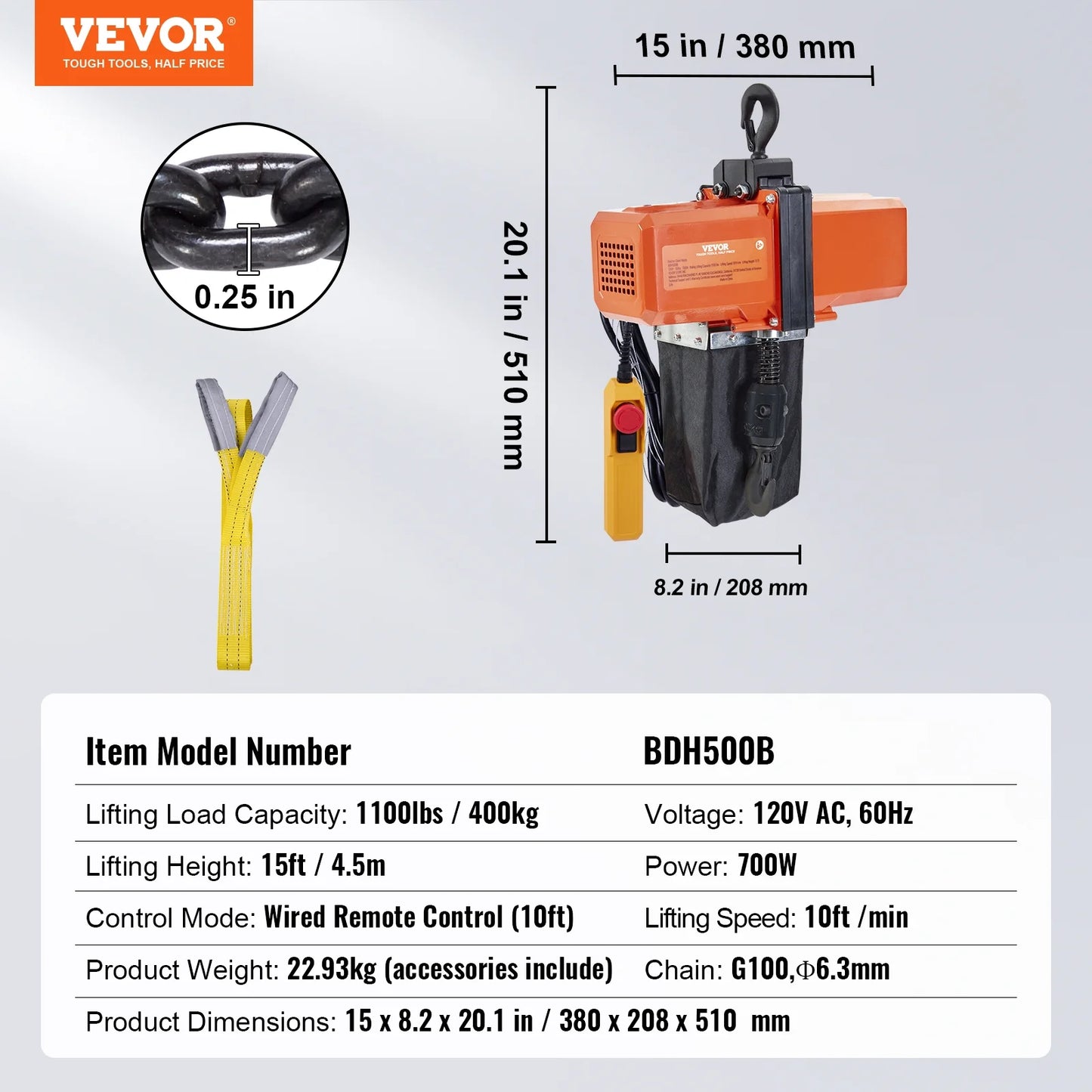 BENTISizeM Electric Chain Hoist Sizeingle Phase Crane Hoist 1100 lbs Load 15 ft Lifting