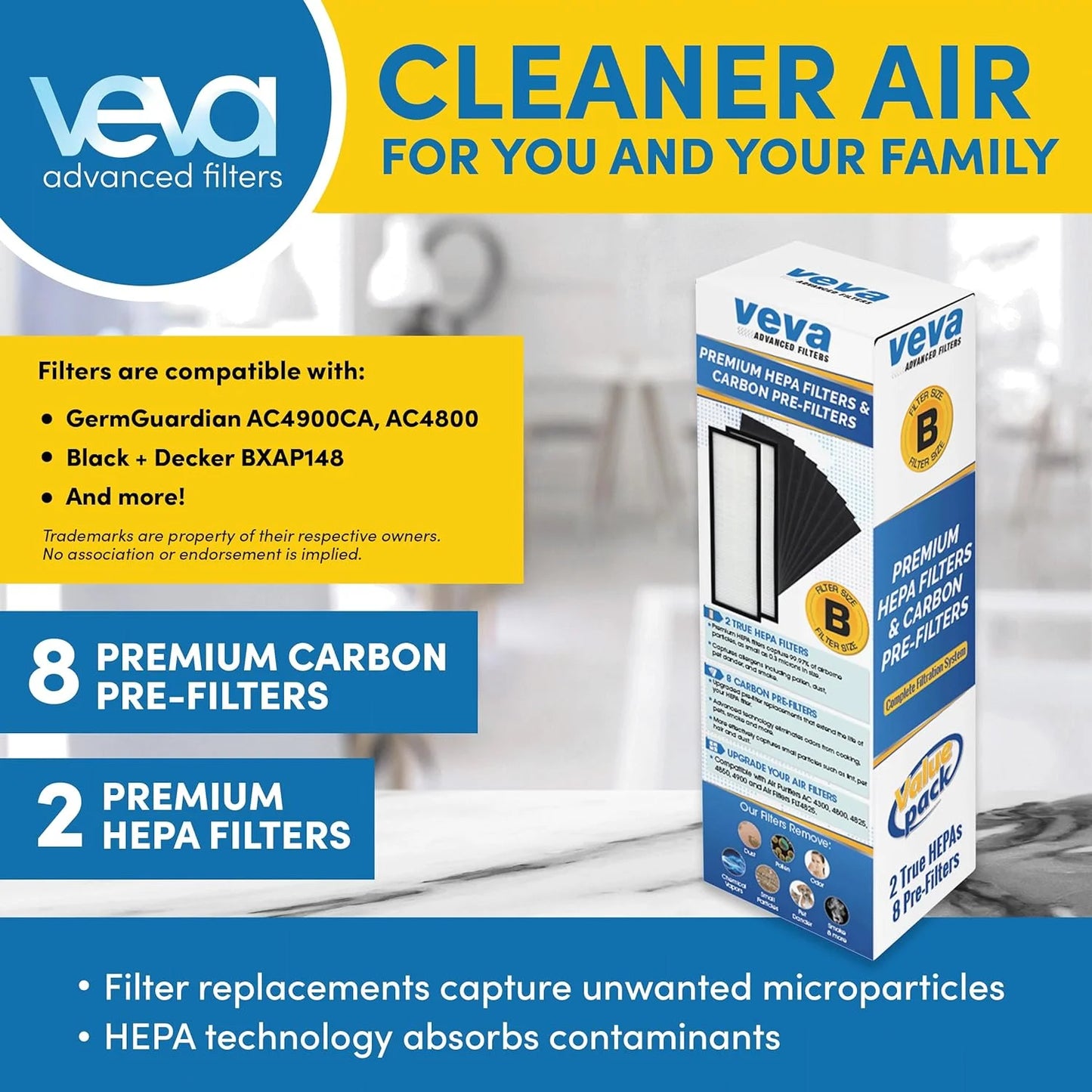 Veva HEPA Filter B Replacement, Pack of 2 with 8 Carbon Pre-Filters