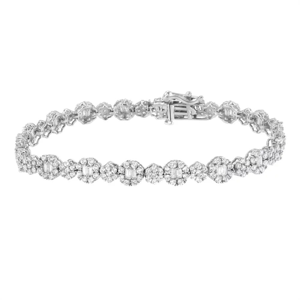 10K Ivory Gold 4.0 cttw Brilliant Round-cut and Baguette Diamond Floral Cluster Link Bracelet(I-J, I1-I2) - 7" Inches