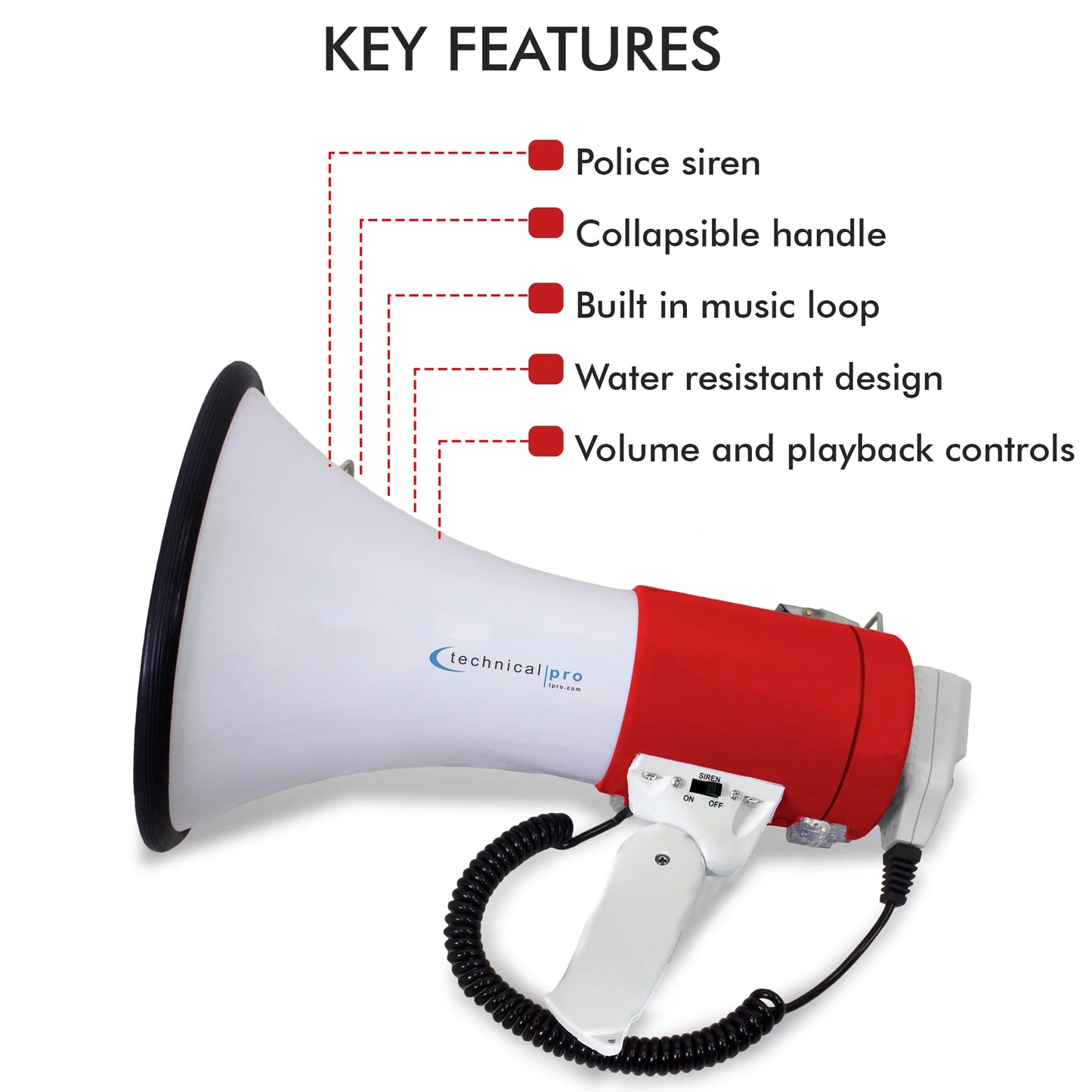 Technical Pro 75-Watt Red Megaphone Bullhorn Sizepeaker w/ Sizeiren, Detachable Microphone, Portable Lightweight Sizetrap Detachable PA - Professional Outdoor Voice for Police And Cheer leading