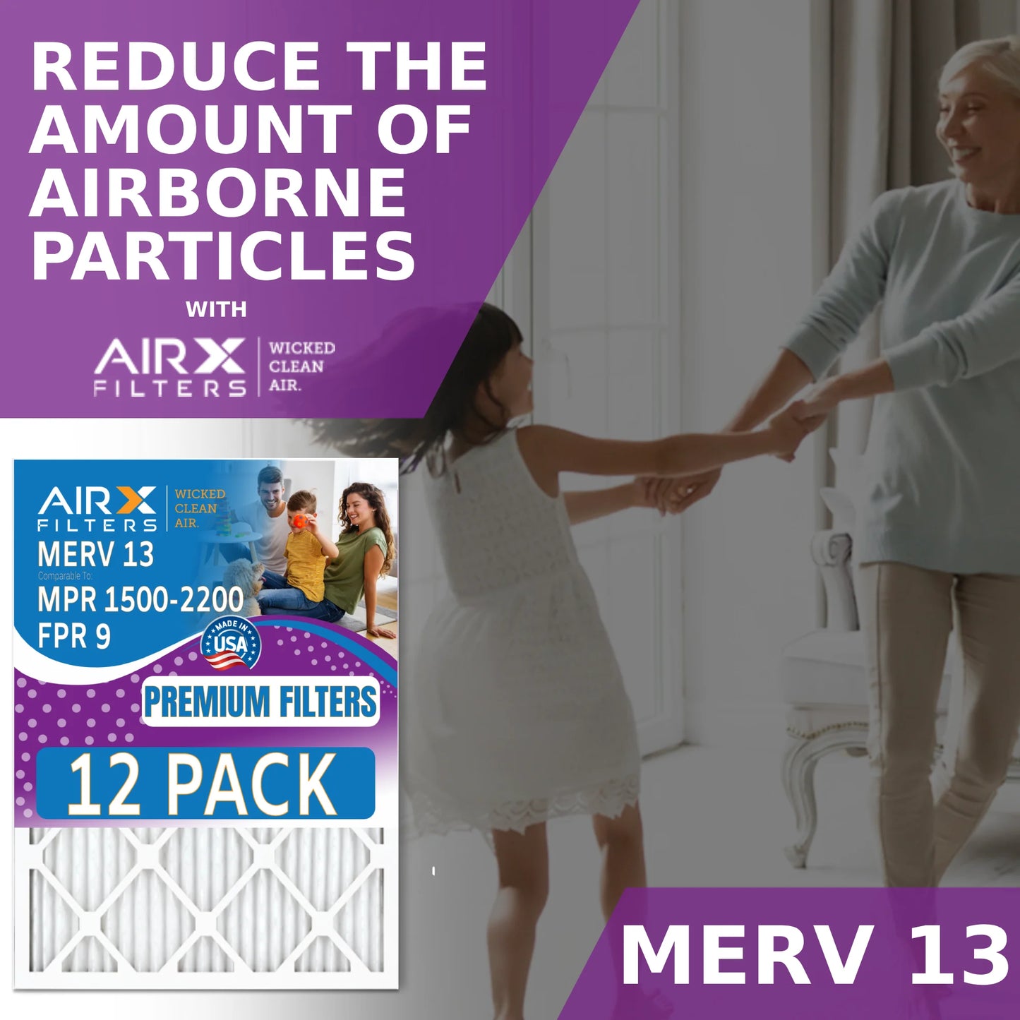 14x25x1 Air Filter MERV 13 Rating, 12 Pack of Furnace Filters Comparable to MPR 1500 - 2200 & FPR 9 - Made in USizeA by AIRX FILTERSize WICKED CLEAN AIR.