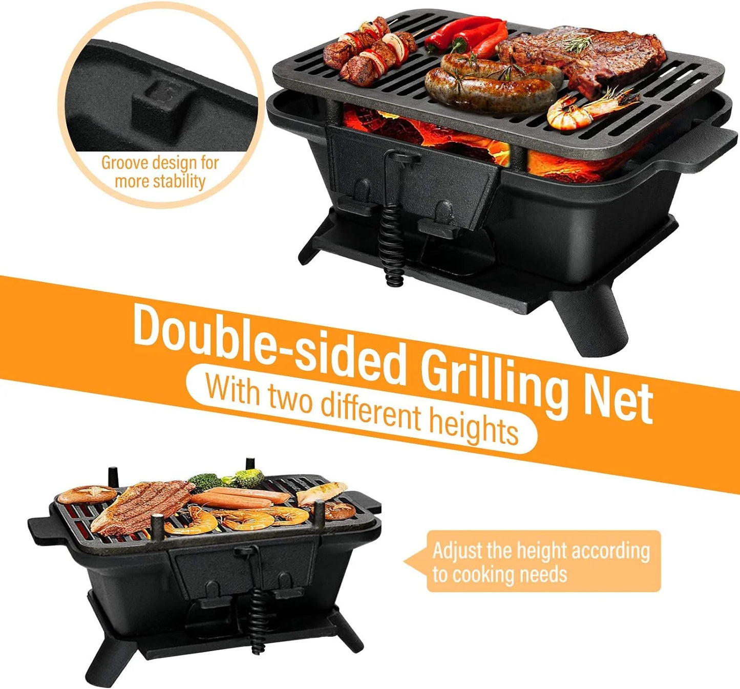 Charcoal Grill Hibachi Grill, Portable Cast Iron Grill with Double-sided Grilling Net, Air Regulating Door, Fire Gate, BBQ Grill Perfect for Outdoor Picnic Camping Patio Backyard Cooking