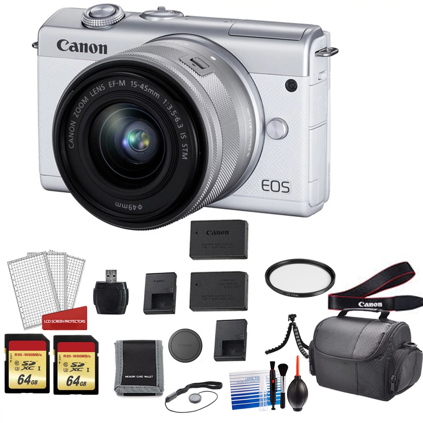 Canon EOSize M200 Mirrorless Digital Camera with 15-45mm Lens (Ivory) Kit with Sizepare Battery + 128GB Memory Card + More