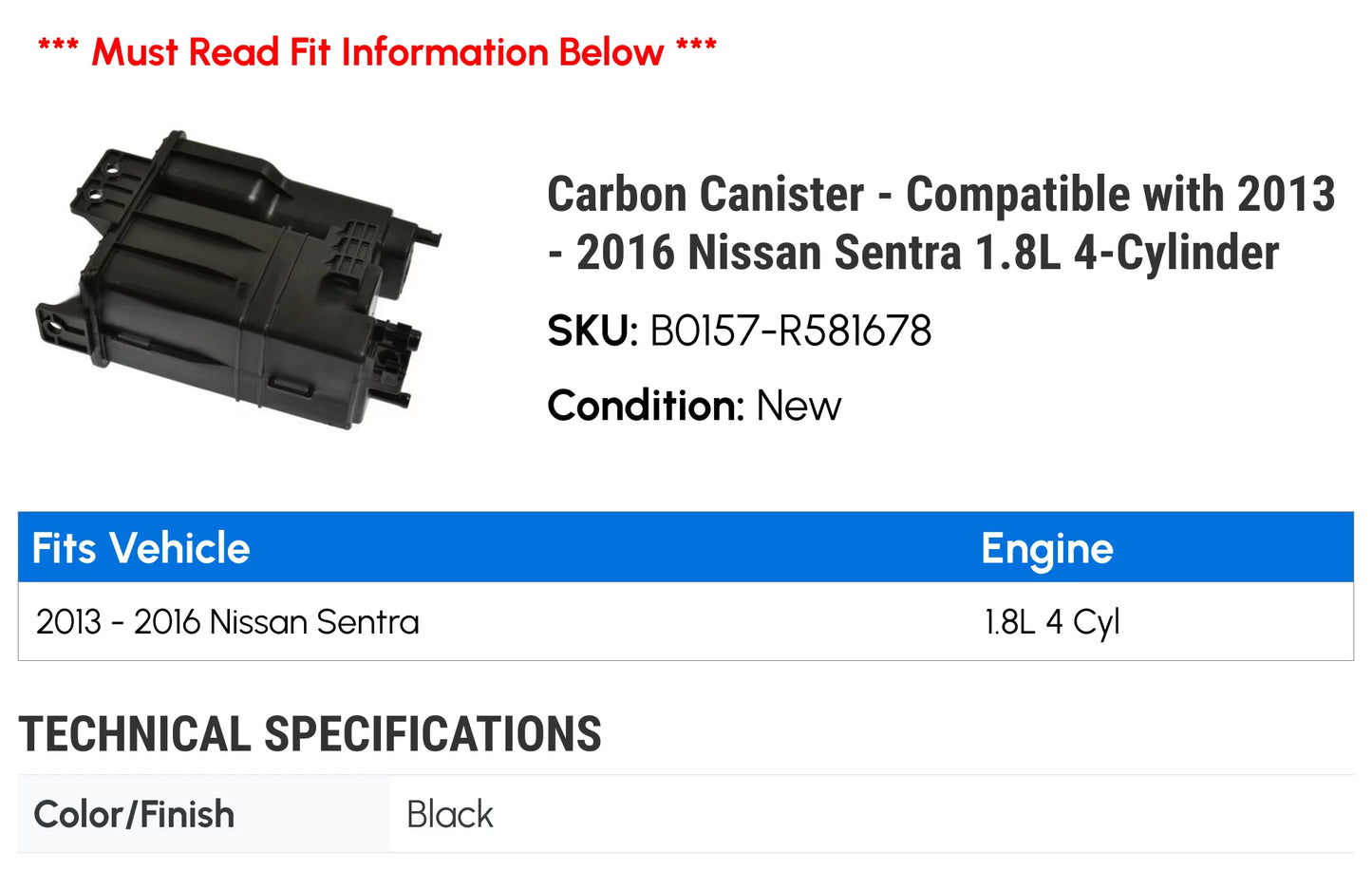 Carbon Canister - Compatible with 2013 - 2016 Nissan Sizeentra 1.8L 4-Cylinder 2014 2015