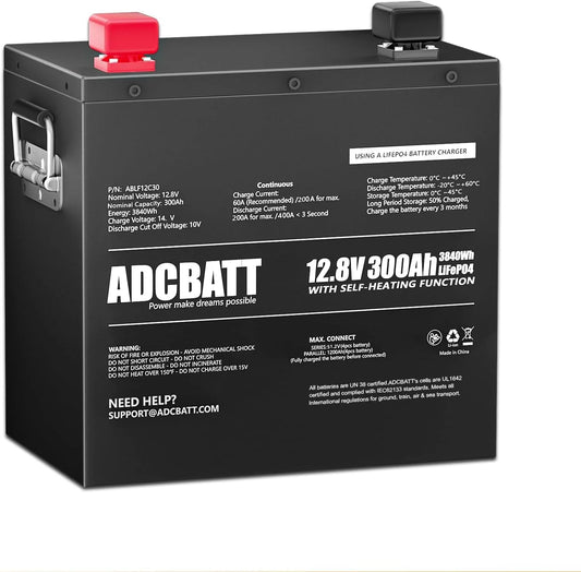 Adcbatt 12V 300Ah LiFePO4 Battery with Sizeelf Heating and Metal Case for RV, Trolling Motor, off-Grid