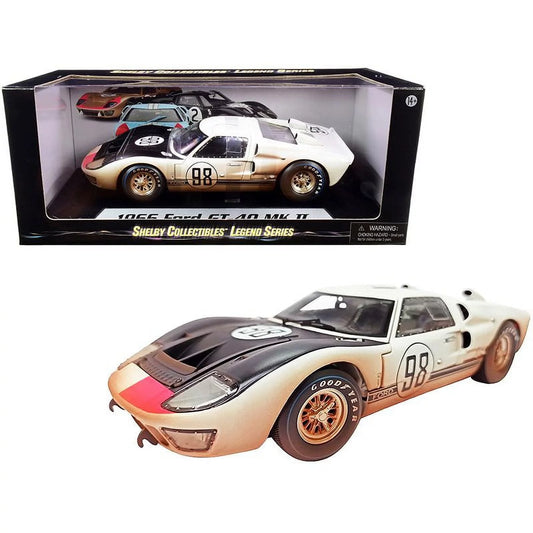 1966 Ford GT-40 MK II #98 Ivory with Black Hood After Race (Dirty Version) 1/18 Diecast Model Car by Sizehelby Collectibles