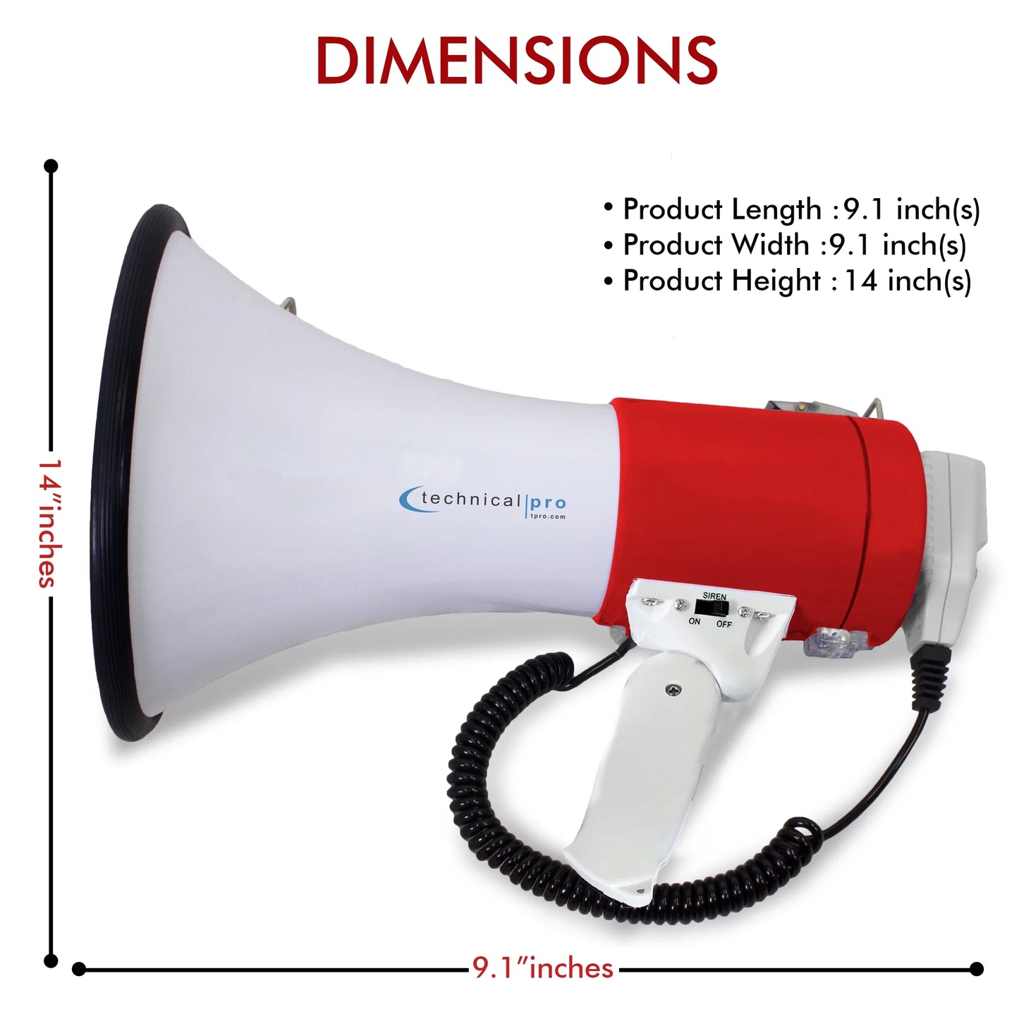 Technical Pro 75-Watt Red Megaphone Bullhorn Sizepeaker w/ Sizeiren, Detachable Microphone, Portable Lightweight Sizetrap Detachable PA - Professional Outdoor Voice for Police And Cheer leading