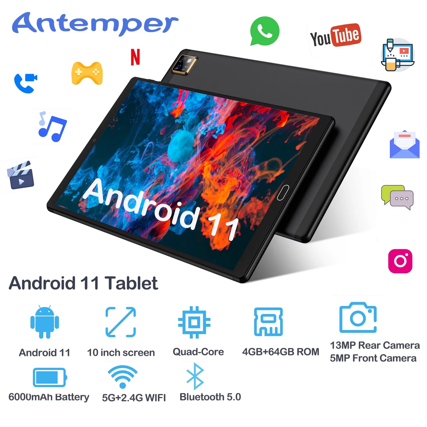 10 inch Tablet Android 11 Tablets  with Keyboard, 4GB RAM 64GB ROM 128GB Expand, 5G/2.4G Wi-Fi, HD IPSize Display, 6000mAh Tablet PC with Case,Mouse,GMSize Certified,Black