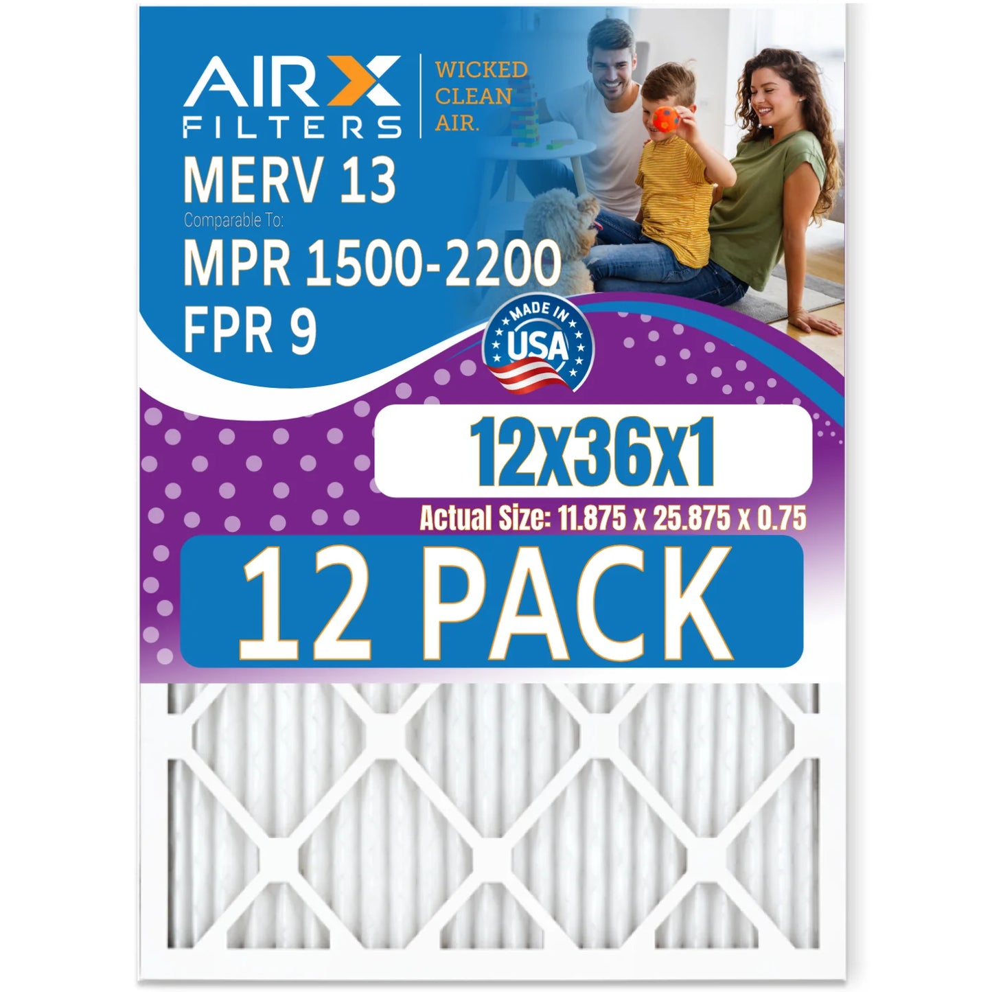 12x36x1 Air Filter MERV 13 comparable to MPR 1500 - 2200 & FPR 9 - Made in USizeA by AIRX FILTERSize WICKED CLEAN AIR.