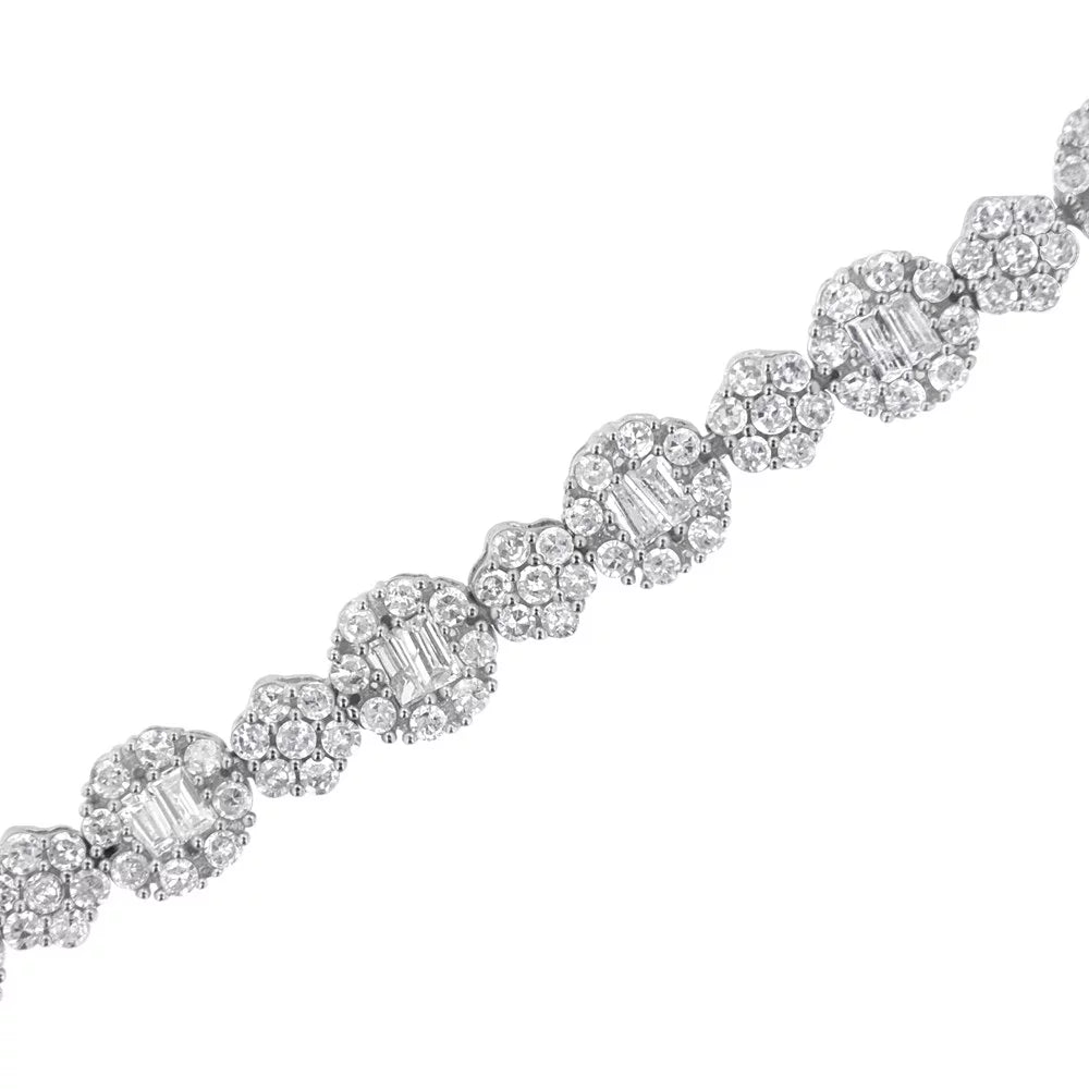 10K Ivory Gold 4.0 cttw Brilliant Round-cut and Baguette Diamond Floral Cluster Link Bracelet(I-J, I1-I2) - 7" Inches