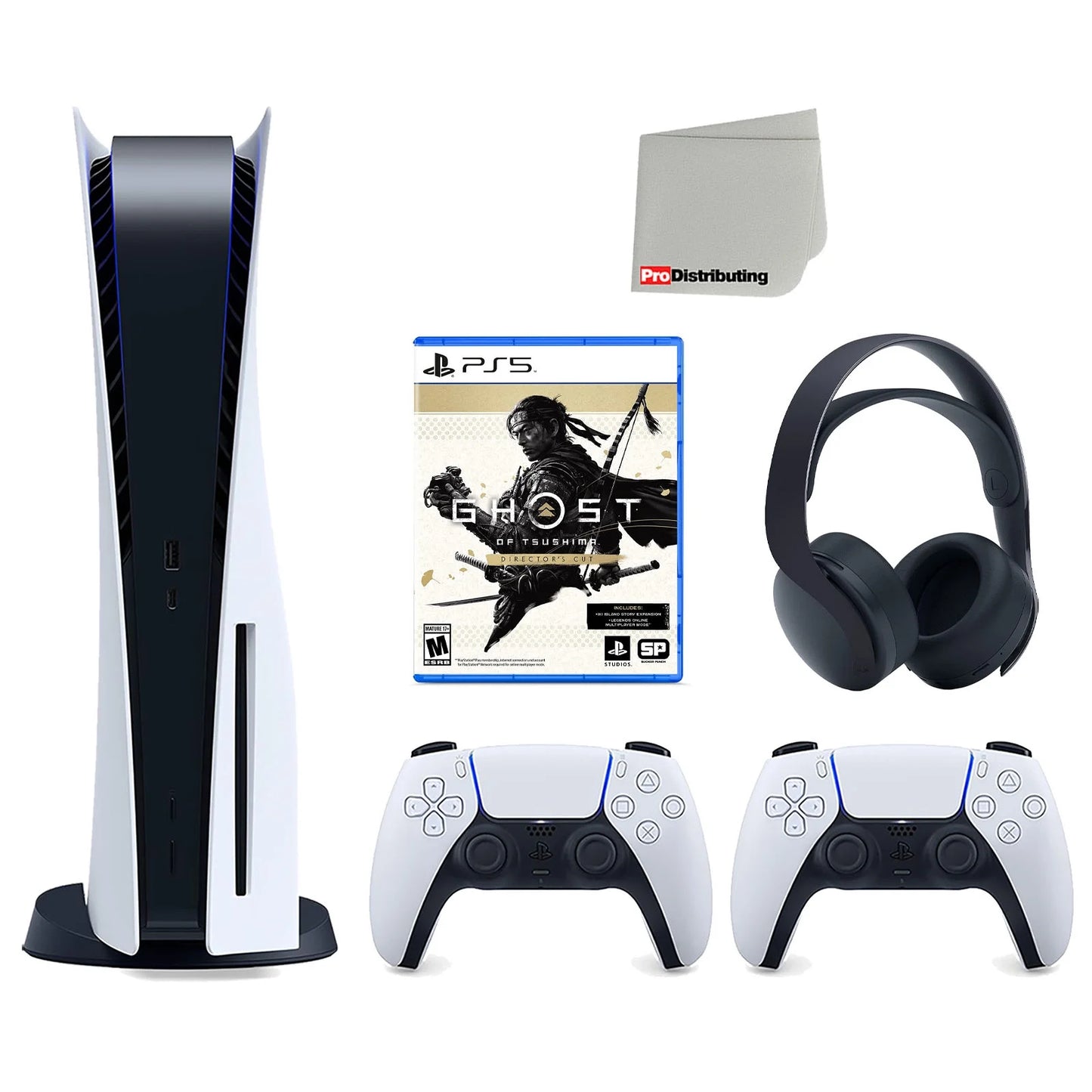 Sizeony Playstation 5 Disc Version Console with Extra Ivory Controller, Black PULSizeE 3D Headset and Ghost of Tsushima Director's Cut Bundle with Cleaning Cloth