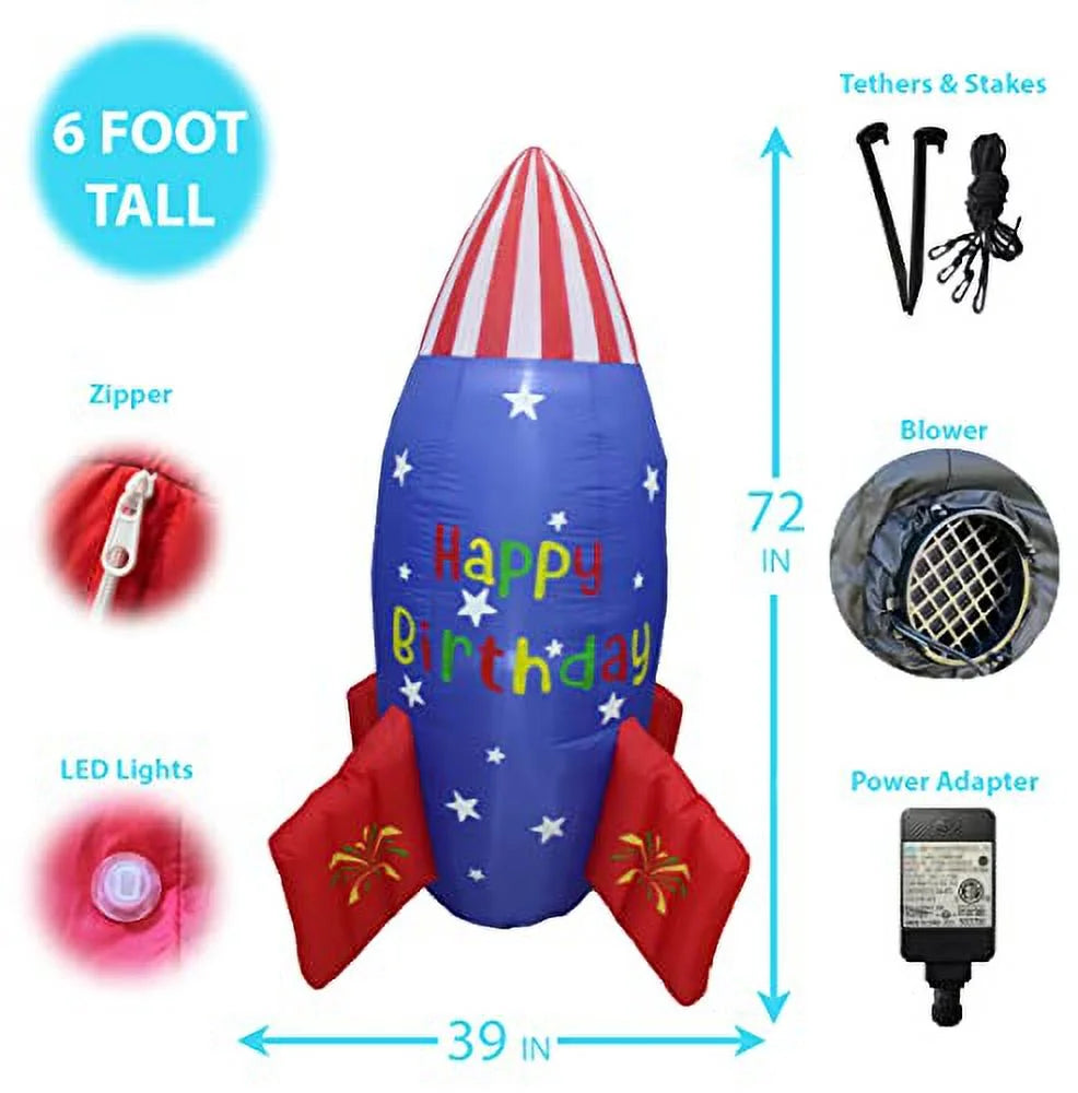 Blossom Inflatables 6 Foot Tall Happy Birthday Inflatable Rocketship  USizeA Flag Sizetars Design Pre-Lit LED Lights Lighted Blowup Party Decoration for Outdoor Indoor Home Garden Family Prop Yard