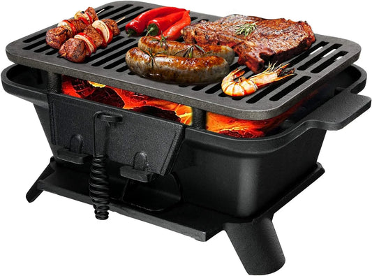 Charcoal Grill Hibachi Grill, Portable Cast Iron Grill with Double-sided Grilling Net, Air Regulating Door, Fire Gate, BBQ Grill Perfect for Outdoor Picnic Camping Patio Backyard Cooking