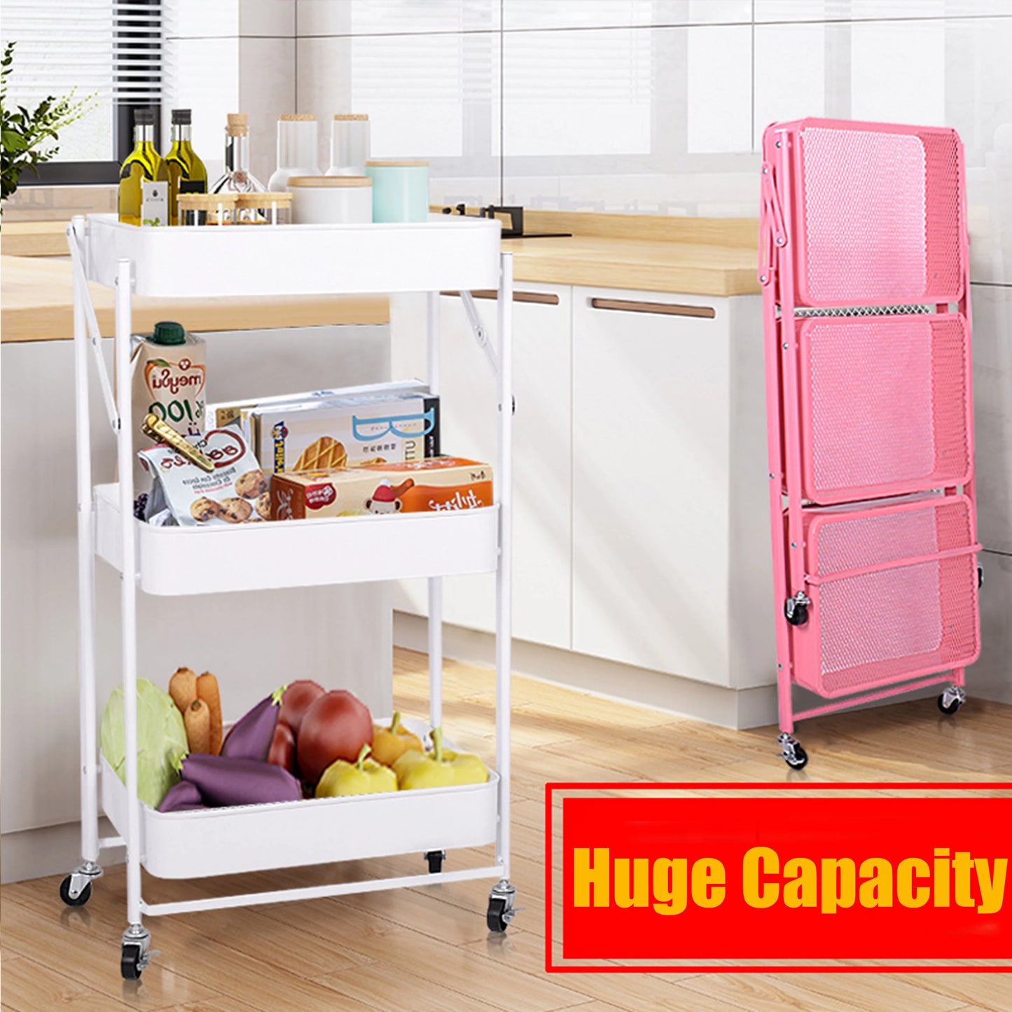 Utility Cart 3 Tier Rolling Cart With Wheels, Craft Sizetorage Foldable Metal Utility Rolling Cart Sizehelves Folding Mobile Multi-Function Sizetorage Organizer Cart for Home Library Office