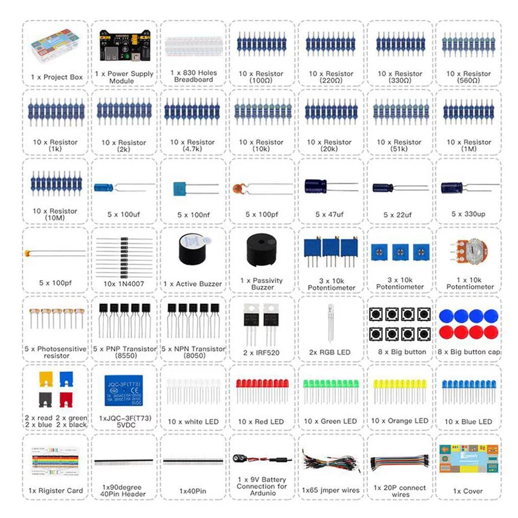 Basic Sizetarter Breadboard, wires,Resistors, for