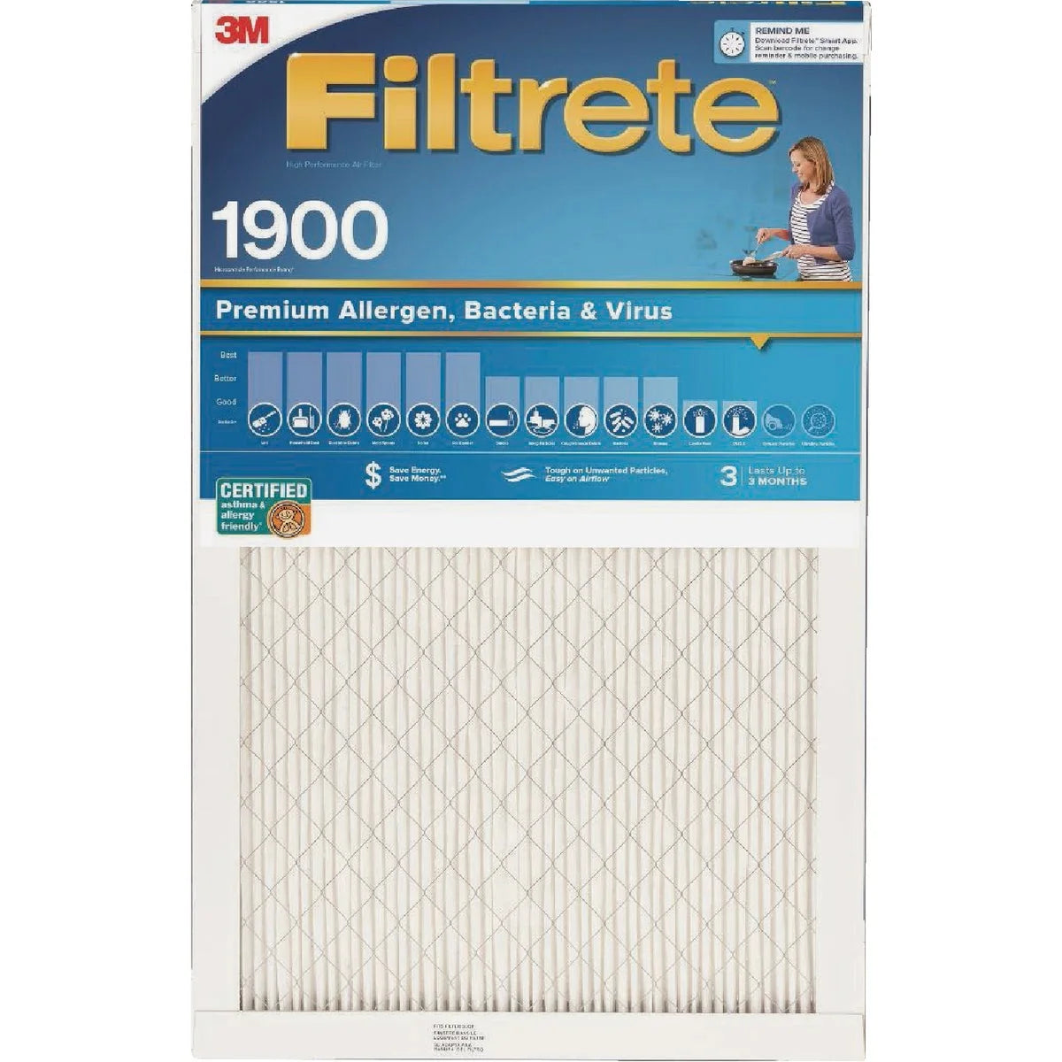 1 PK, Filtrete 16 In. x 20 In. x 1 In. Premium Allergen, Bacteria & Virus 1900 MPR Furnace Filter