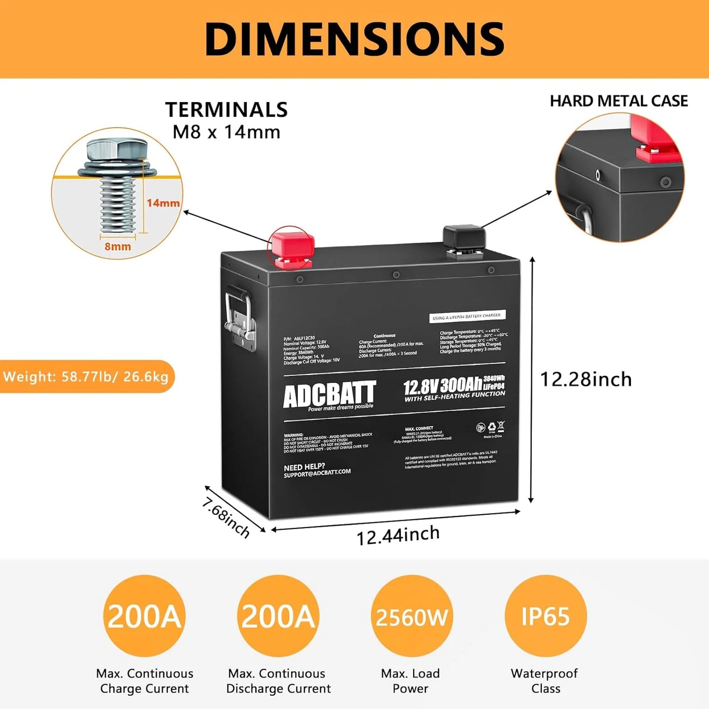 Adcbatt 12V 300Ah LiFePO4 Battery with Sizeelf Heating and Metal Case for RV, Trolling Motor, off-Grid