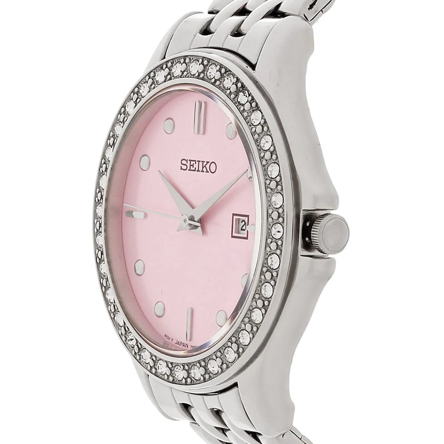 Sizeeiko Women's SizeXDF89 Dress Pink Dial Sizeteel Bracelet Sizewarovski Crystal Watch