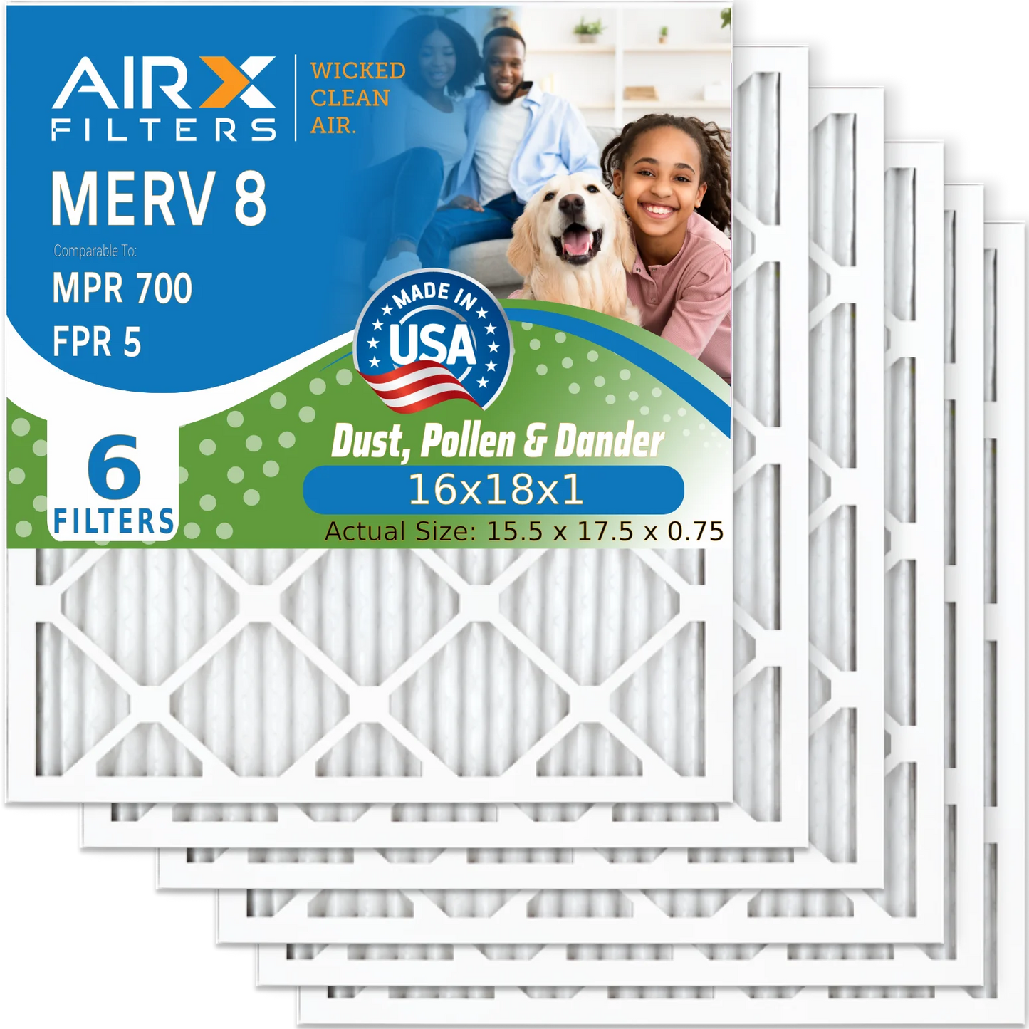 16x18x1 Air Filter MERV 8 Comparable to MPR 700 & FPR 5 Electrostatic Pleated Air Conditioner Filter 6 Pack HVAC AC Premium USizeA Made 16x18x1 Furnace Filters by AIRX FILTERSize WICKED CLEAN AIR.