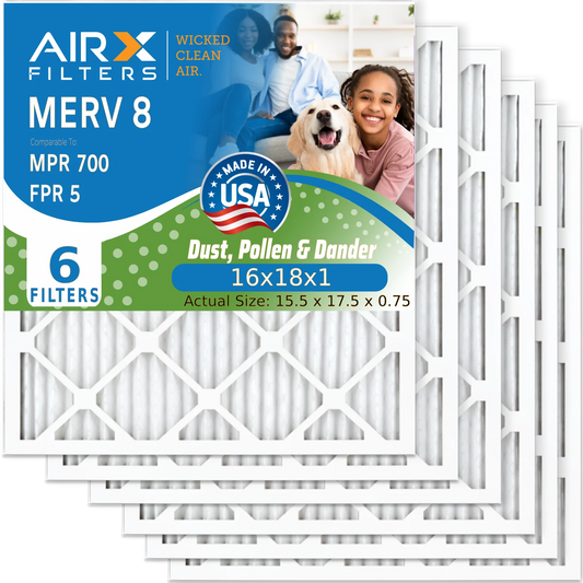 16x18x1 Air Filter MERV 8 Comparable to MPR 700 & FPR 5 Electrostatic Pleated Air Conditioner Filter 6 Pack HVAC AC Premium USizeA Made 16x18x1 Furnace Filters by AIRX FILTERSize WICKED CLEAN AIR.