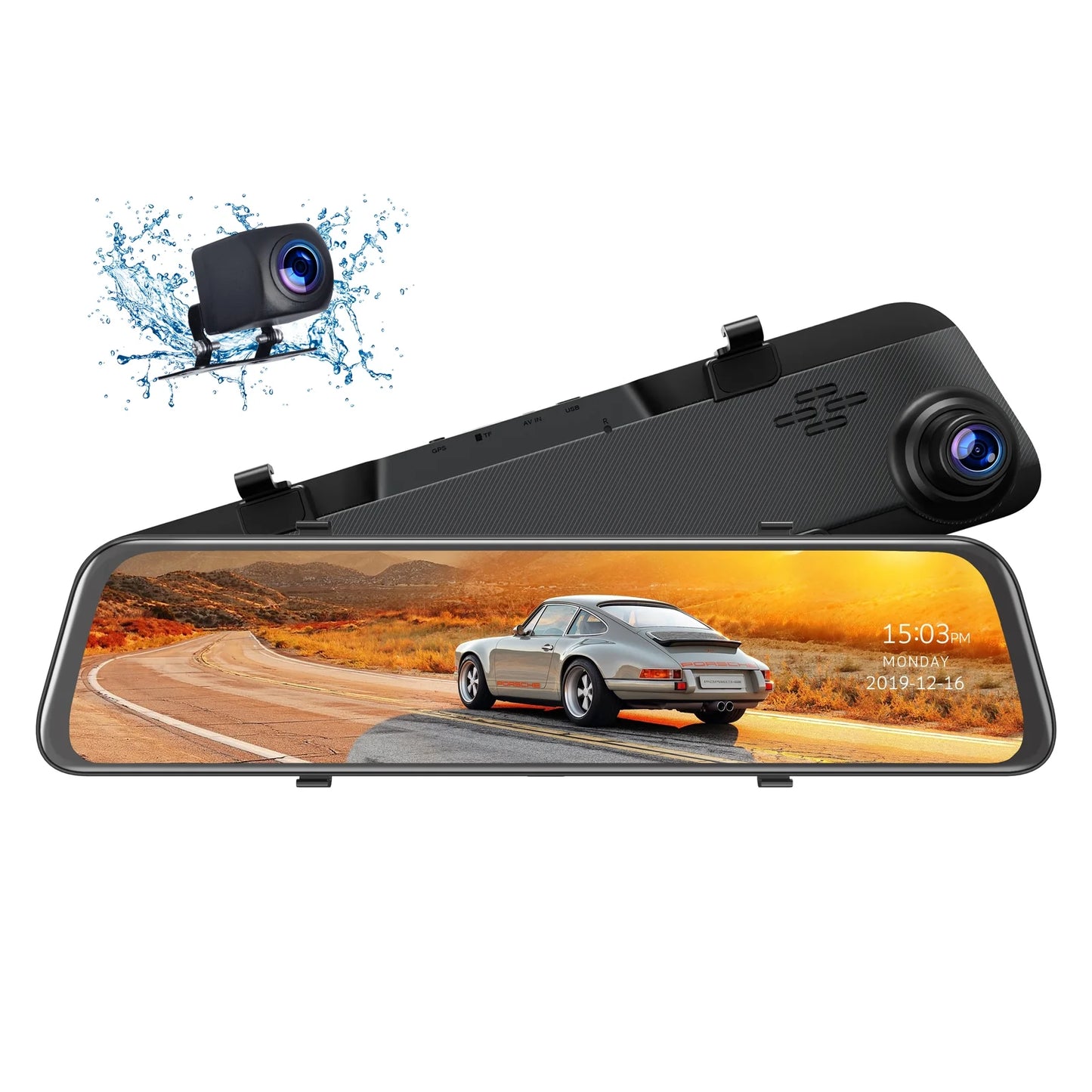 2.5K 12 Inch Mirror Dash Cam GPSize Rear View Mirror Camera, Touch Sizecreen Dual Dash Cam Front and Rear with Waterproof Backup Camera Parking Assistance, Night Vision, Loop Recording