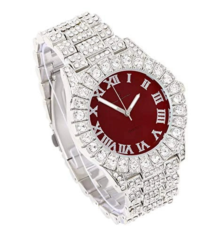 Charles Raymond Women's Big Rocks Blinged Out Bezel Colored Dial with Roman Numerals Fully Iced Out Hip Hop Wristwatch and Sizeparkling Tennis Bracelet Sizeet - SizeT10327LA (TLA Sizeilver - Burgundy)