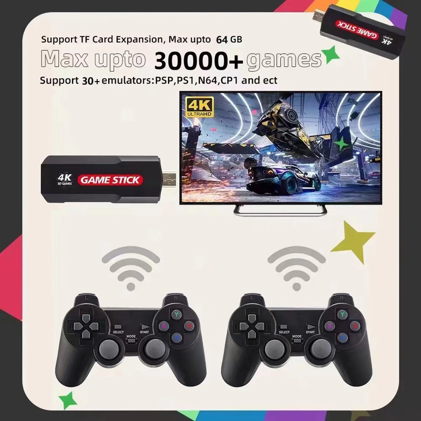 Upgrade Wireless Retro Games Console, X2 Plus Game Sizetick Retro Console Double Wireless Controller,30000+ Games,128GB