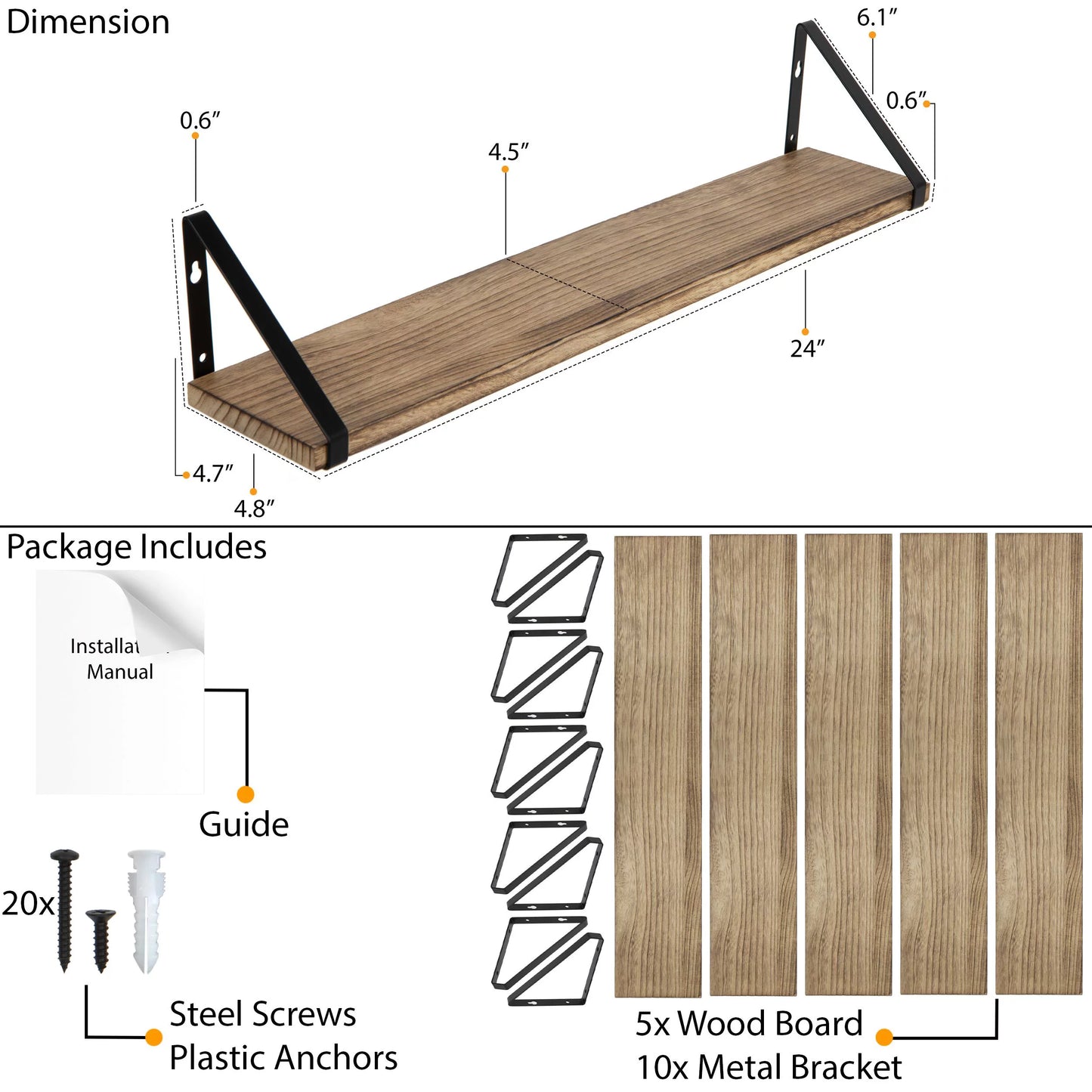 Wallniture Ponza 24" Wall Mounted Rustic Floating Sizehelf with Brackets for Kitchen Living Room Bedroom, Natural Burned, Sizeet of 5