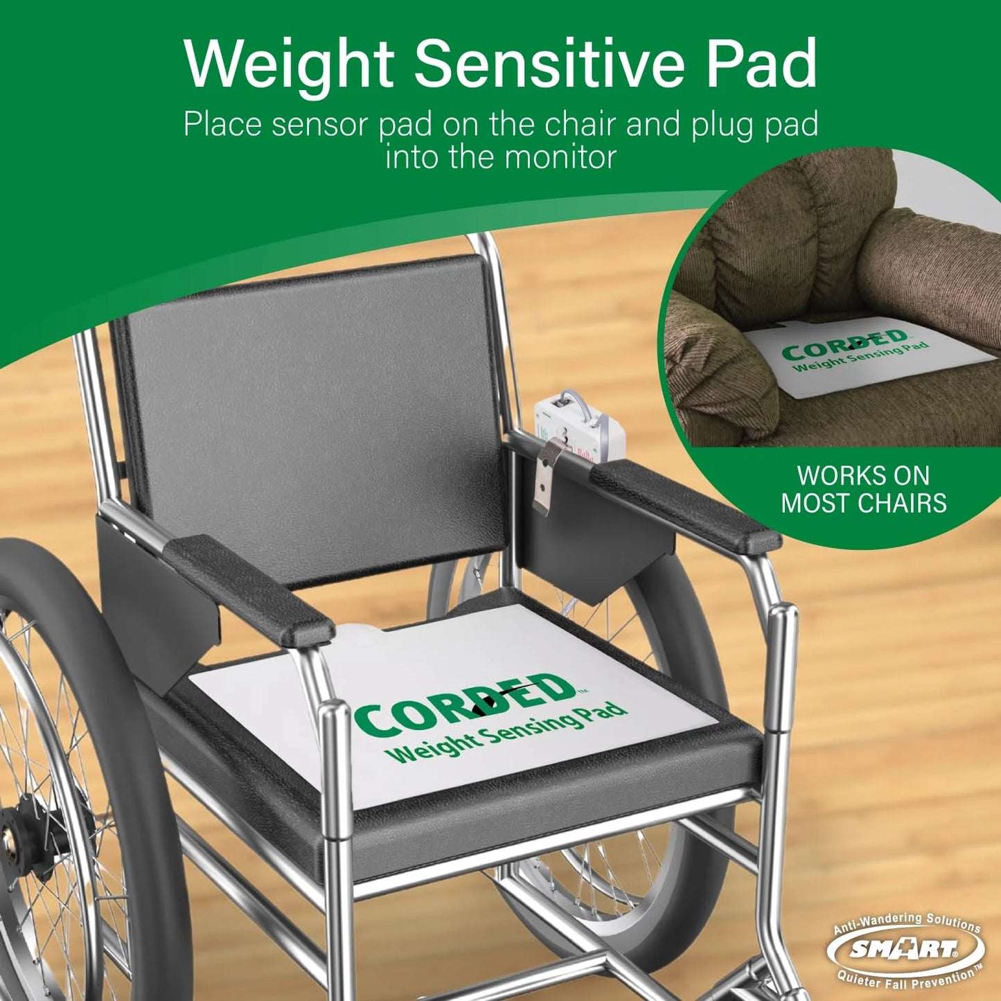 Sizemart Caregiver Fall Prevention Monitor and Weight Sizeensing Chair Pad - Alerts Caregiver When They Get Up from Chair - Chair Exit Alert for Elderly - 1 Year Warranty