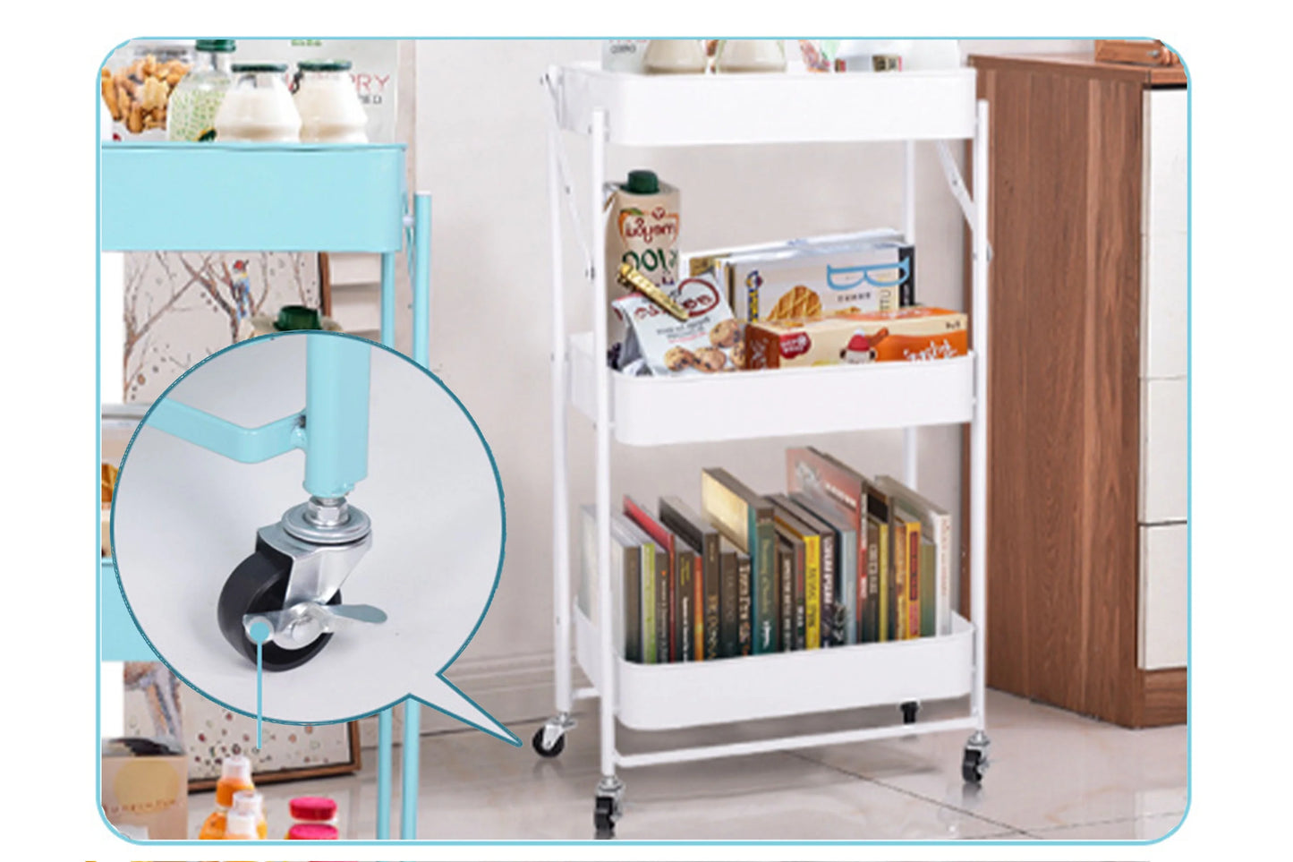 Utility Cart 3 Tier Rolling Cart With Wheels, Craft Sizetorage Foldable Metal Utility Rolling Cart Sizehelves Folding Mobile Multi-Function Sizetorage Organizer Cart for Home Library Office