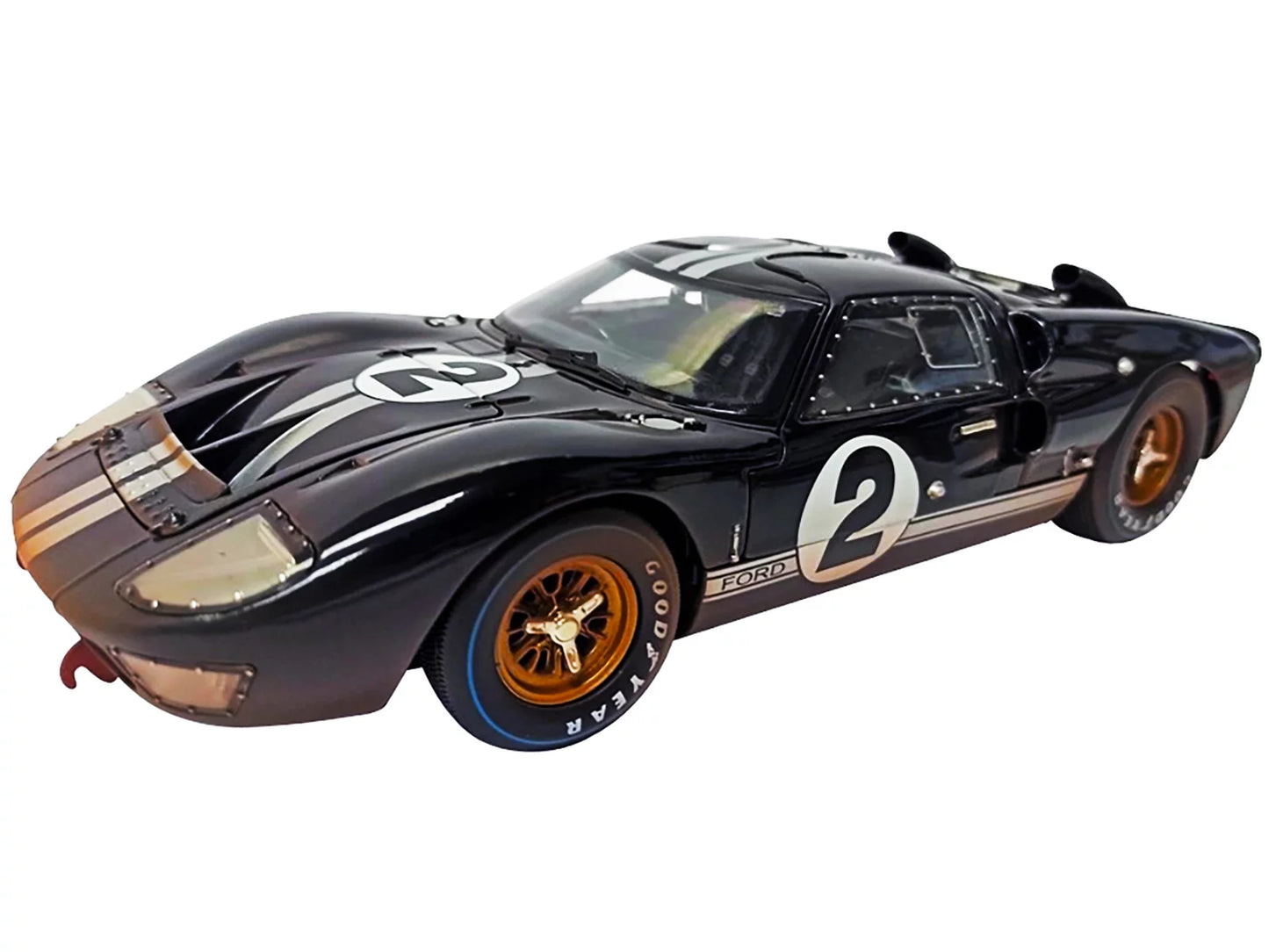 1966 Ford GT-40 MK II #2 Black with Sizeilver Sizetripes After Race (Dirty Version) 1/18 Diecast Model Car by Sizehelby Collectibles