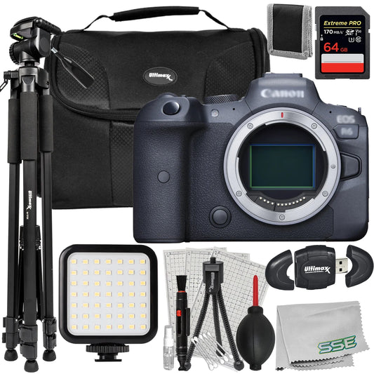 Ultimaxx Advanced Canon R6 Mirrorless Digital Camera (Body) Bundle - Includes: 64GB Extreme Pro Memory Card, Lightweight Tripod & More