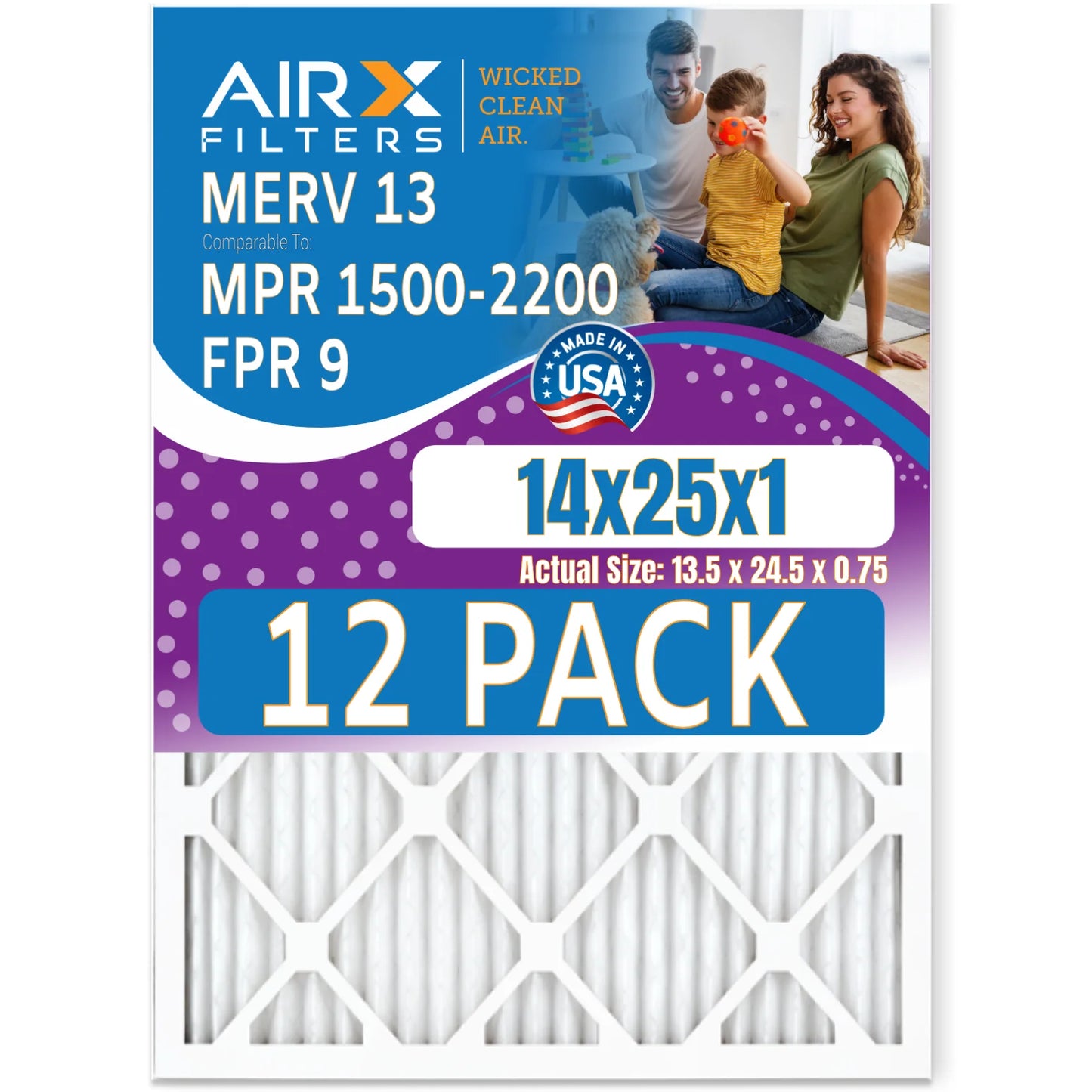 14x25x1 Air Filter MERV 13 Rating, 12 Pack of Furnace Filters Comparable to MPR 1500 - 2200 & FPR 9 - Made in USizeA by AIRX FILTERSize WICKED CLEAN AIR.