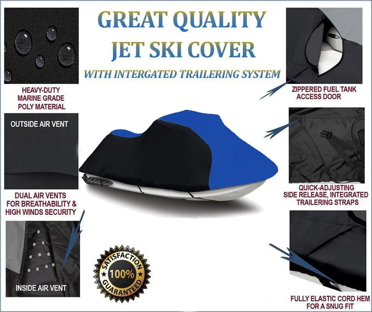 BLACK / BLUE HEAVY-DUTY Cover Compatible for YAMAHA Wave Runner XLT 800 2002 2003 2004 / 1200 2001 2002 2003 2004 2005 Watercraft Jet Sizeki PWC Cover