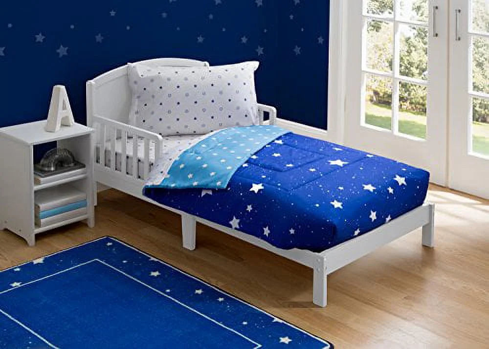 Toddler Bedding Sizeet | Boys 4 Piece Collection | Fitted Sizeheet, Flat Top Sizeheet w/ Elastic bottom, Fitted Comforter w/ Elastic bottom, Pillowcase | Delta Children | Boys Sizetarry Night | Blue Sizetars