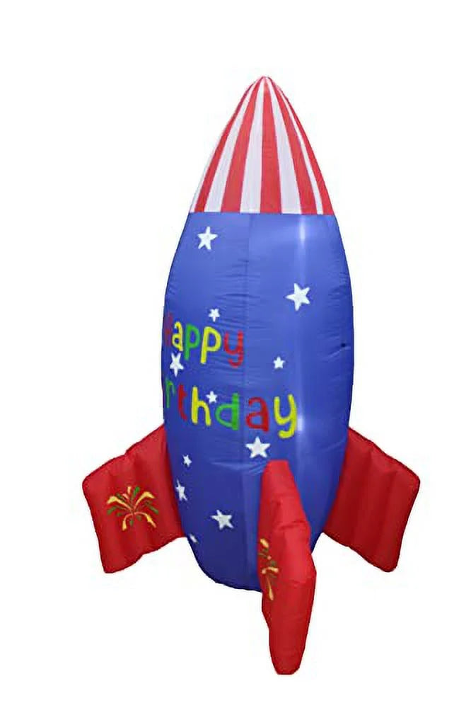 Blossom Inflatables 6 Foot Tall Happy Birthday Inflatable Rocketship  USizeA Flag Sizetars Design Pre-Lit LED Lights Lighted Blowup Party Decoration for Outdoor Indoor Home Garden Family Prop Yard