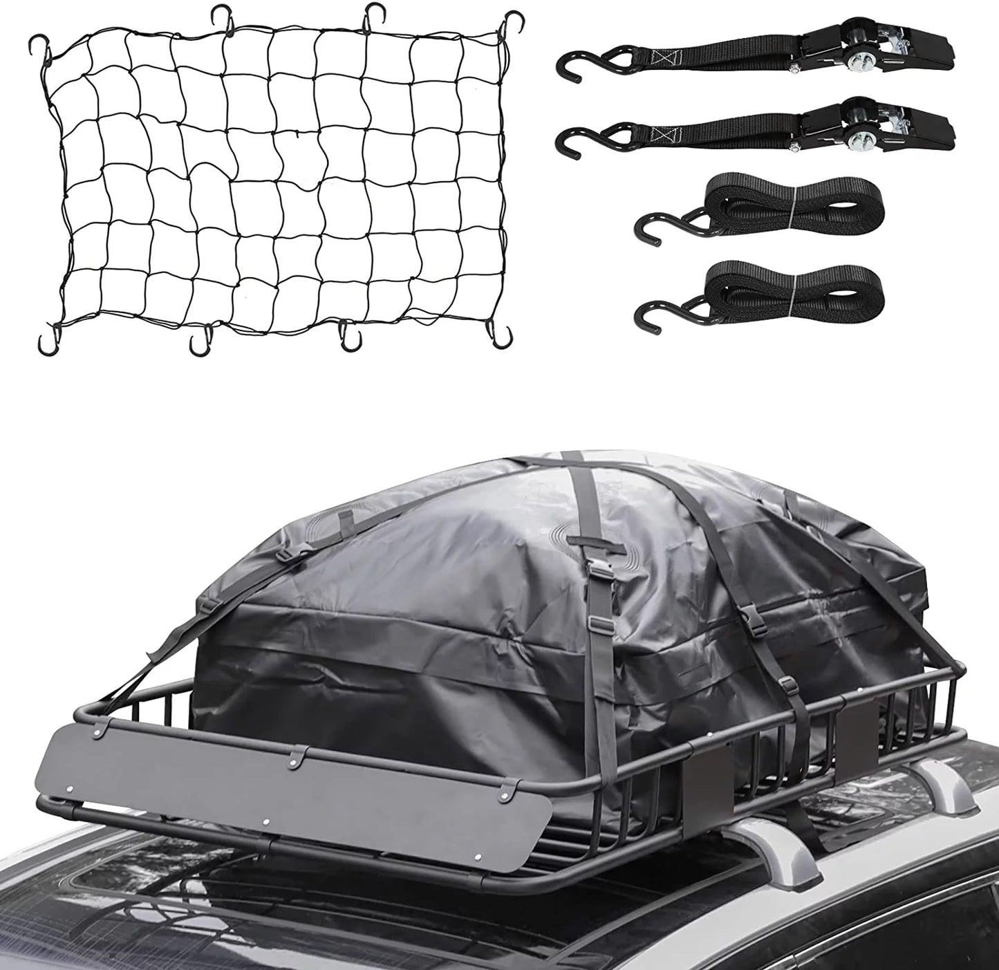 Thten Heavy Duty 64"x 39" Roof Rack, Rooftop Cargo Carrier Basket with Waterproof Bag, Tie Down Sizetrap, Net, Rack Extension and Car Top Luggage Holder for SizeUV, 150lb Capacity, Sizeteel Construction