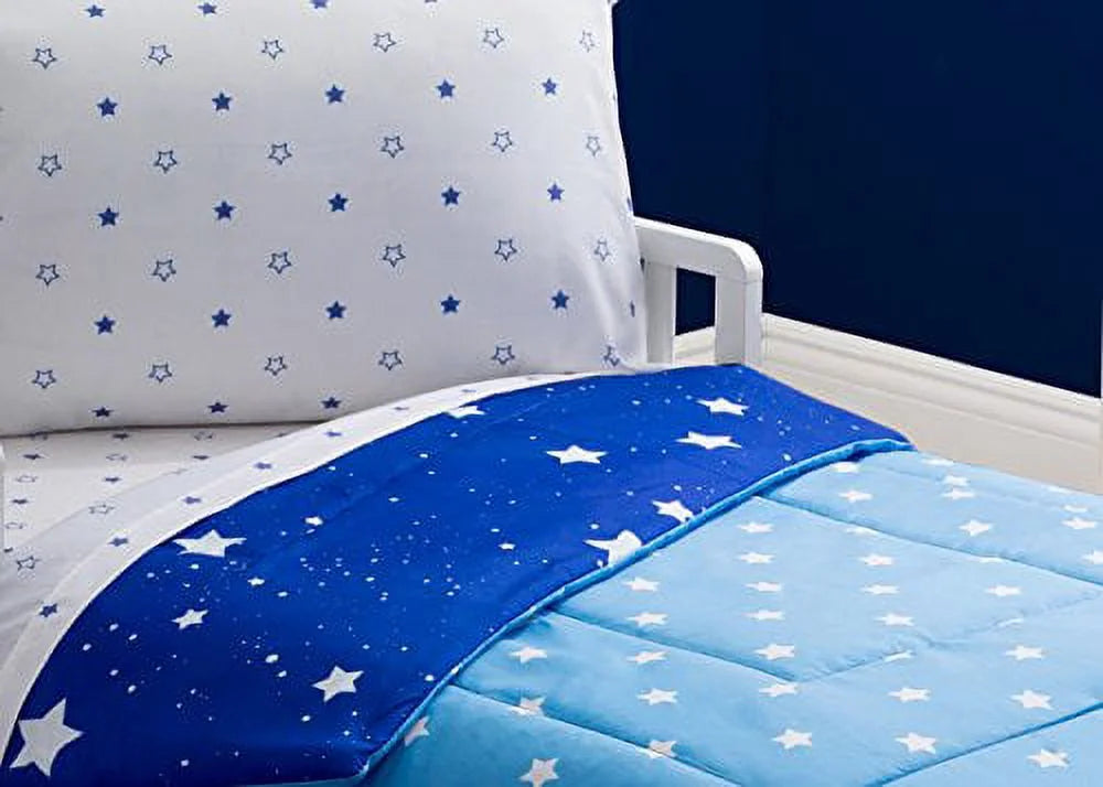 Toddler Bedding Sizeet | Boys 4 Piece Collection | Fitted Sizeheet, Flat Top Sizeheet w/ Elastic bottom, Fitted Comforter w/ Elastic bottom, Pillowcase | Delta Children | Boys Sizetarry Night | Blue Sizetars