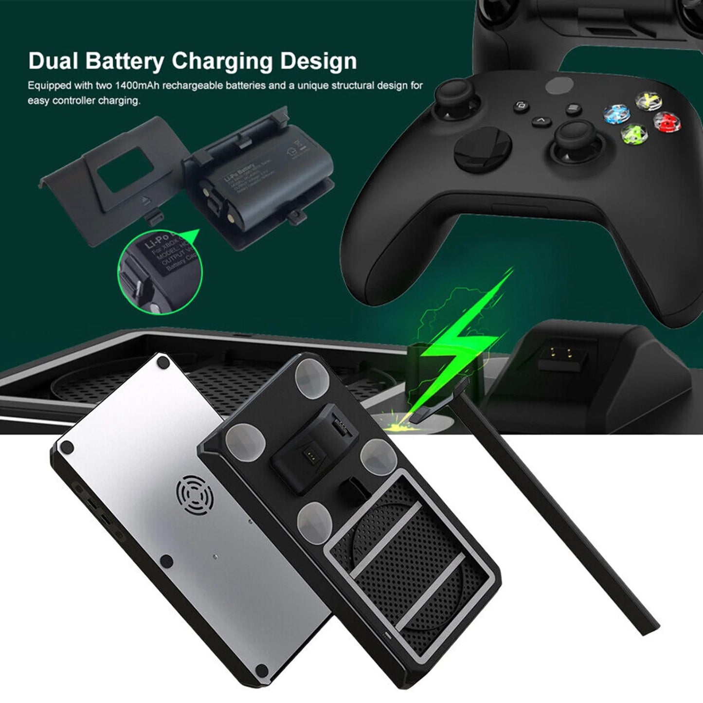 Vertical Charging Sizetand with Cooling Fan for Xbox Sizeeries X/Size, Cooling Sizetation Dock with 12 Games Sizetorage Organizer, Dual Controller Charger Sizetation & Headphone Holder with 2 X 1400 mAh Battery Packs