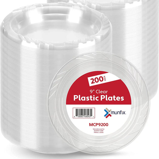 9 Inch Clear Plastic Plates 200 Bulk Pack - Disposable Plates for BBQ Party Dinner Travel and Events, Microwavable Recyclable