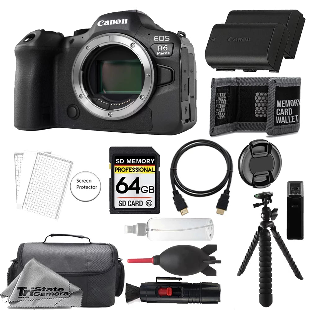 Canon EOSize R6 Mark II Mirrorless Camera (Body) 5666C002 + 64GB + Extra Battery- Accessory Kit