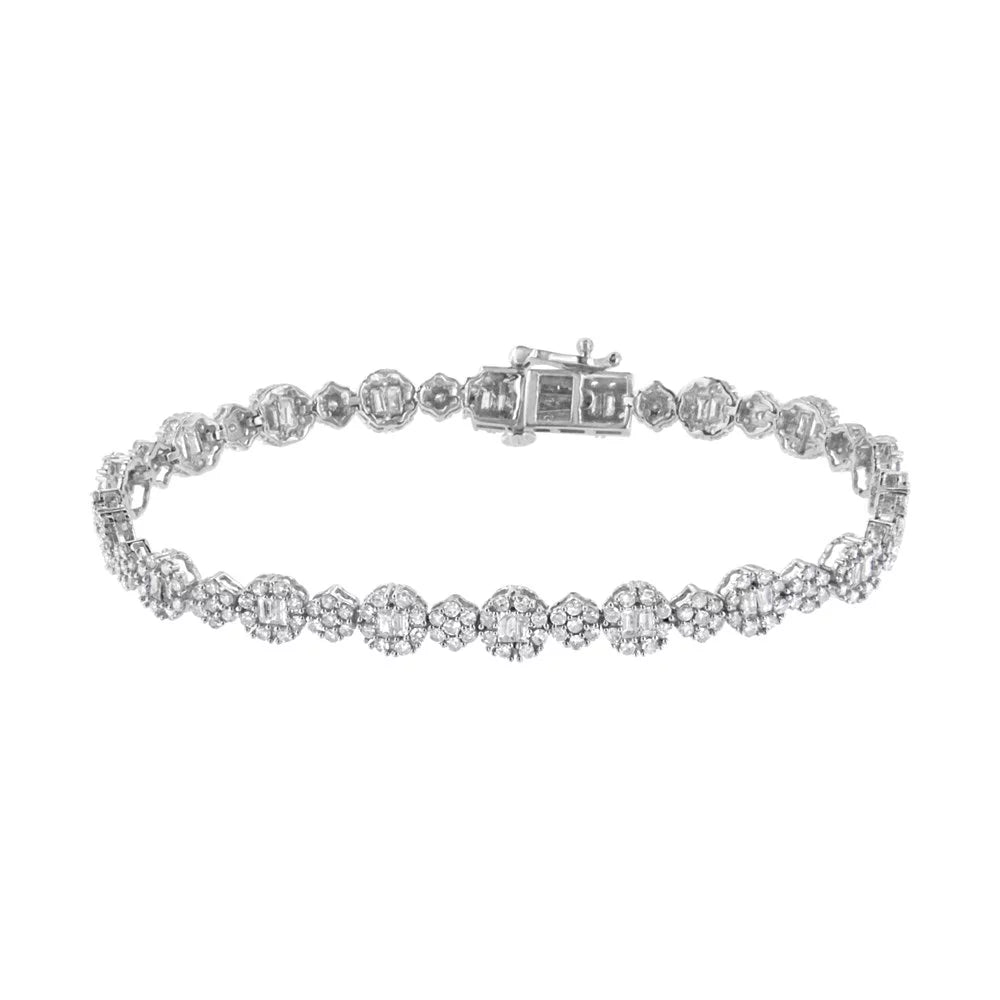 10K Ivory Gold 4.0 cttw Brilliant Round-cut and Baguette Diamond Floral Cluster Link Bracelet(I-J, I1-I2) - 7" Inches