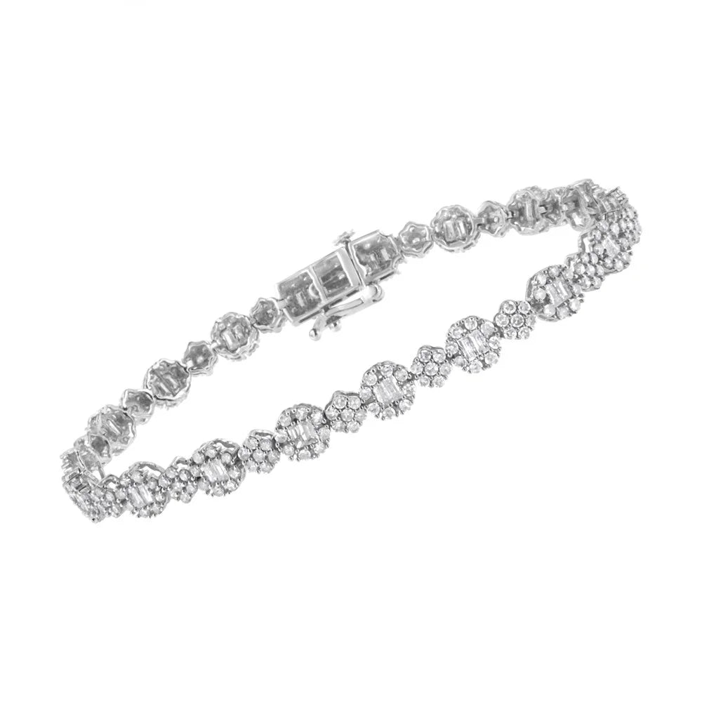 10K Ivory Gold 4.0 cttw Brilliant Round-cut and Baguette Diamond Floral Cluster Link Bracelet(I-J, I1-I2) - 7" Inches