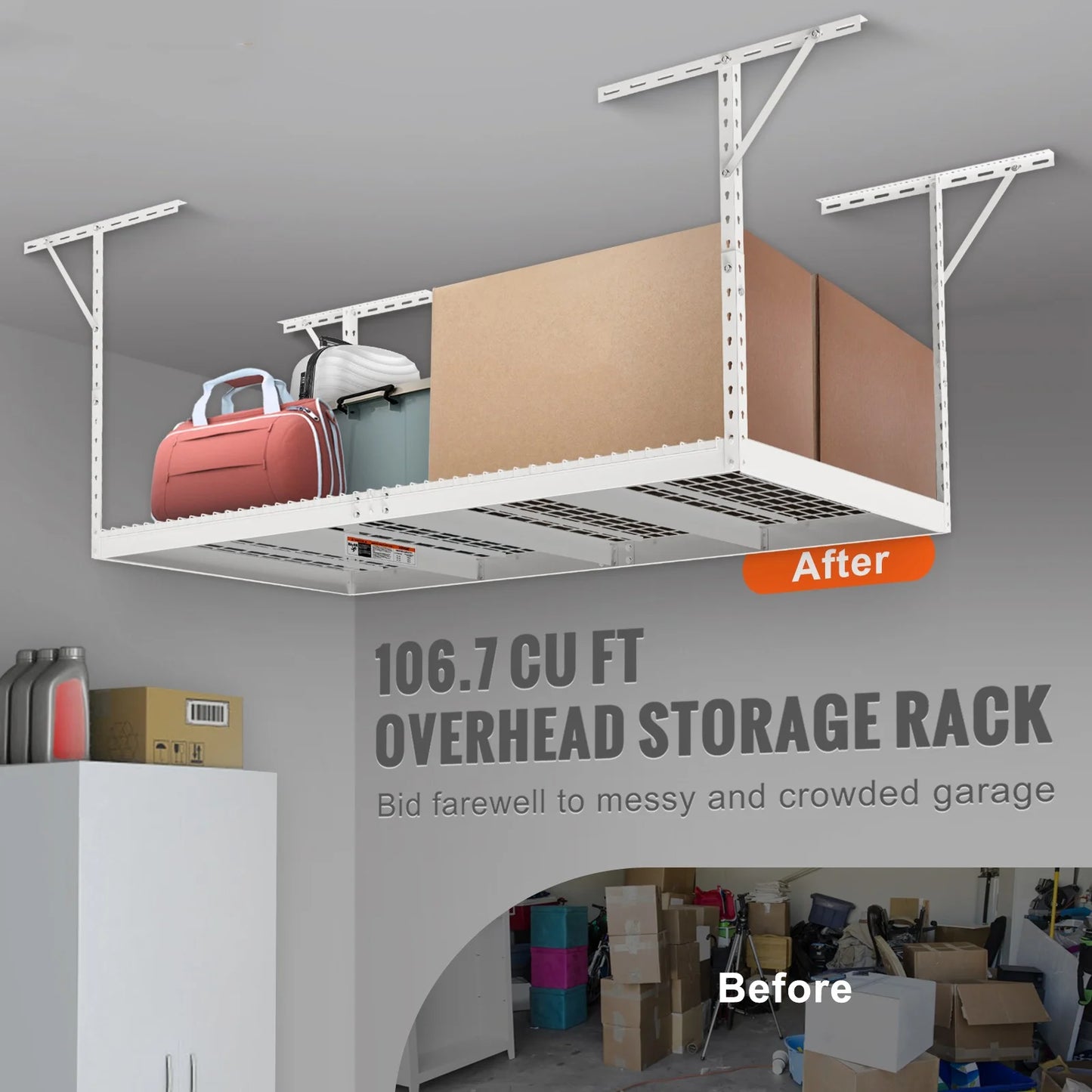 BENTISizeM Overhead Adjustable Garage Sizetorage Rack 48x96in Ceiling Rack 600lbs Ivory